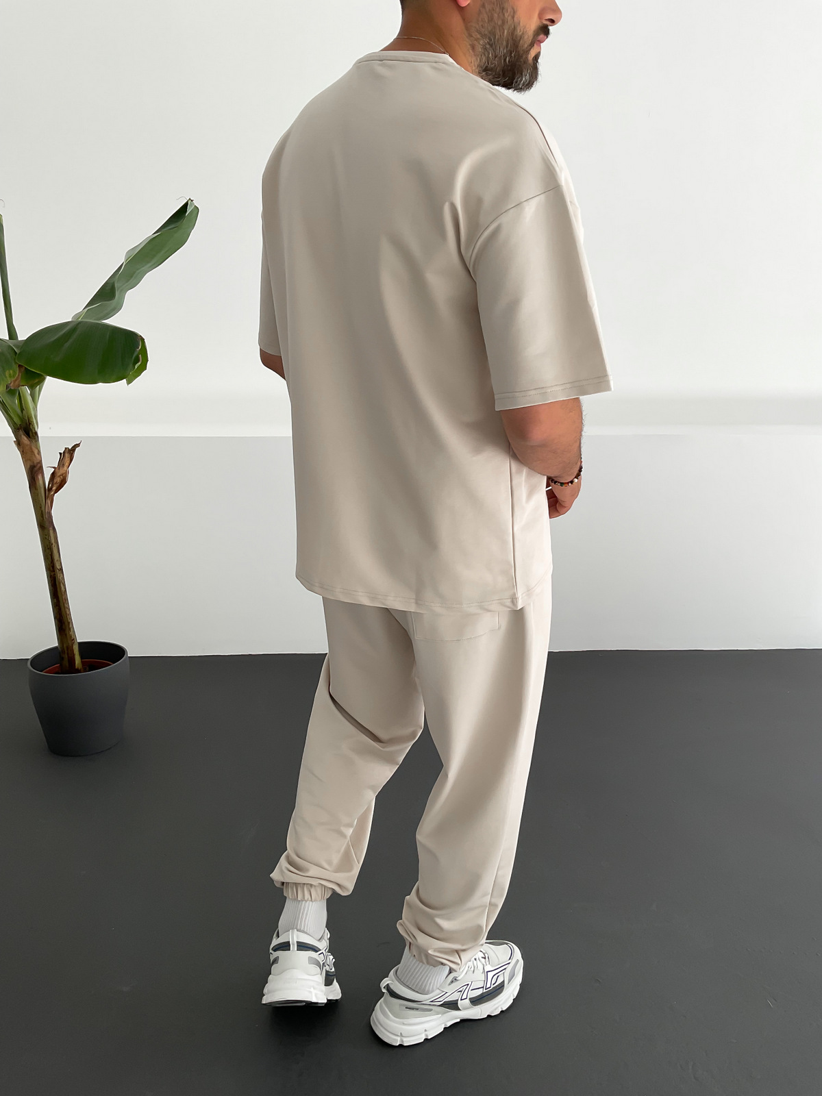 Bej İki İplik Basic T-Shirt V-22-329
