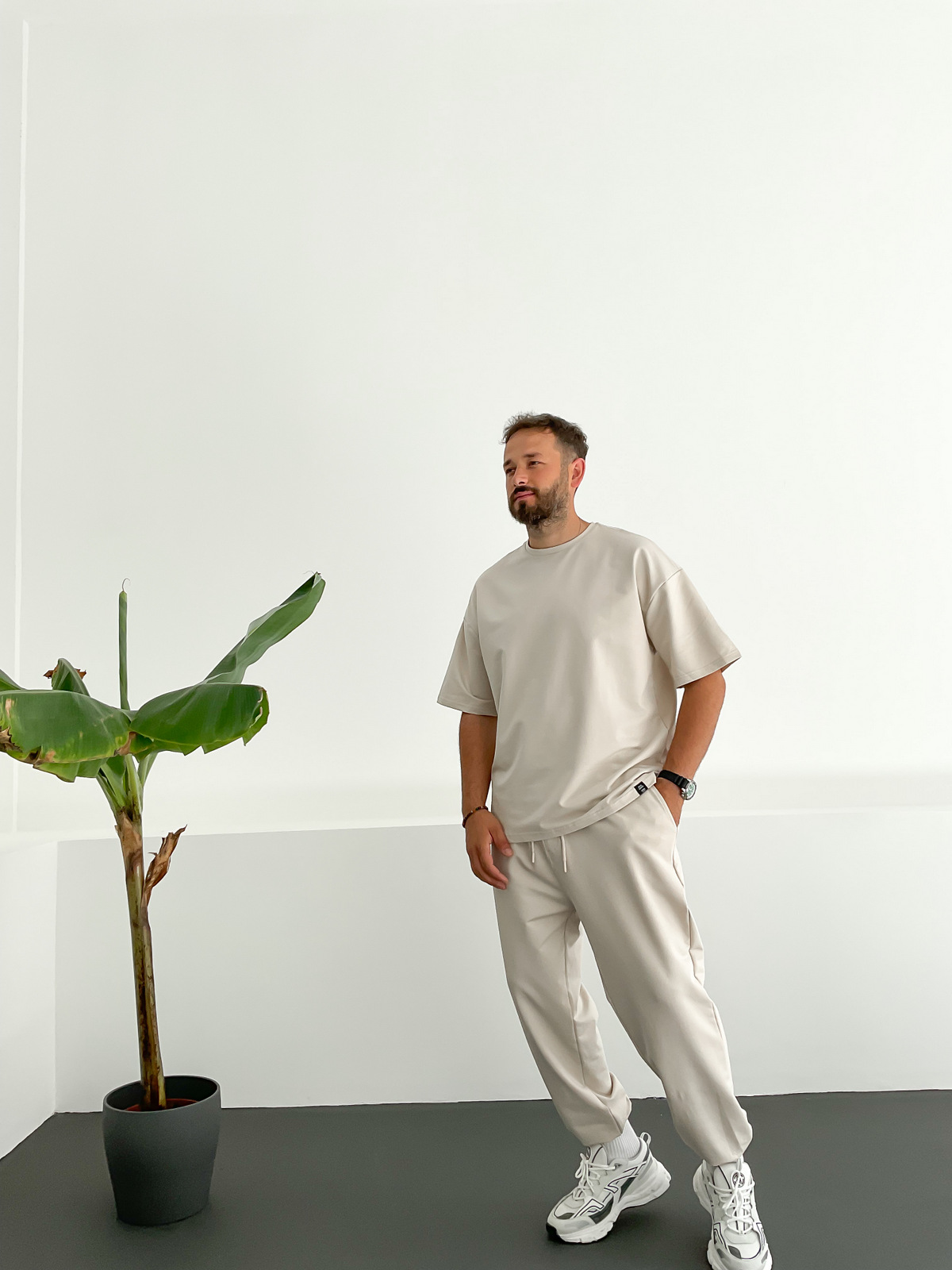 Bej İki İplik Basic T-Shirt V-22-329