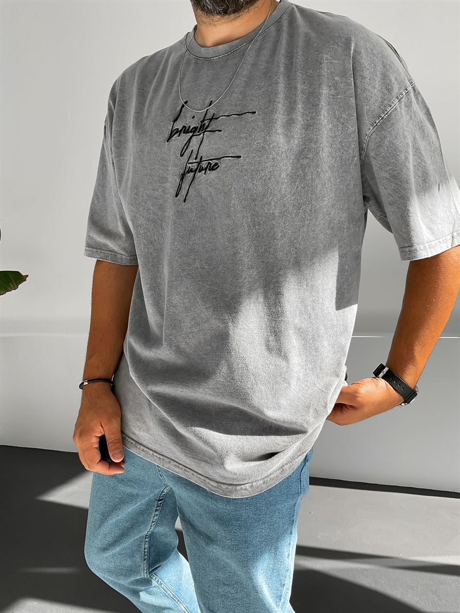 Açık Gri Bright Future Yıkamalı T-Shirt M-1682