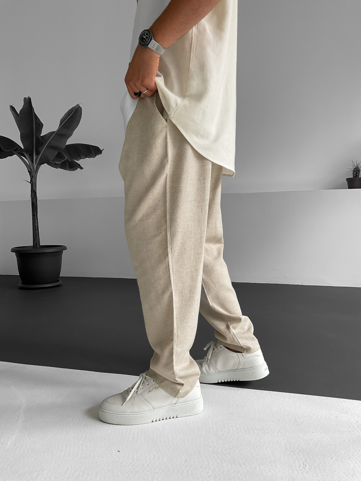 Bej Boru Paça Keten Pantolon BY-1247
