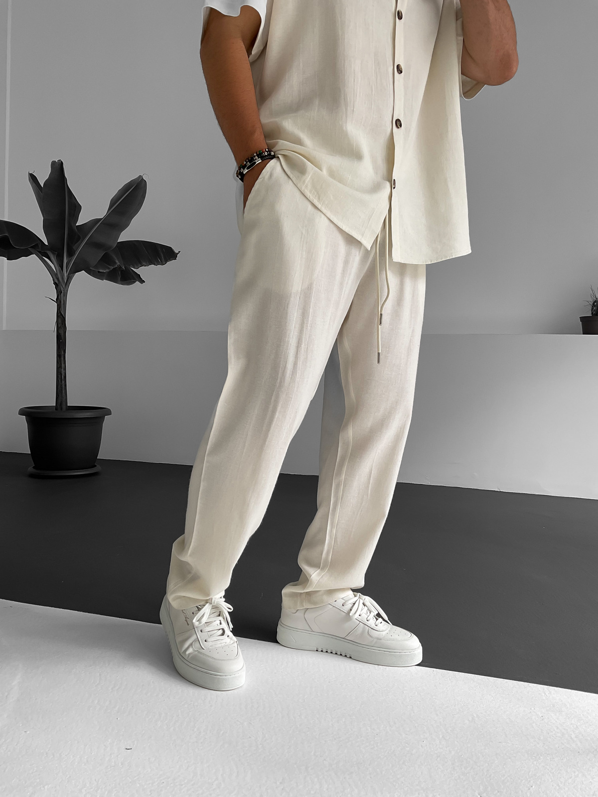 Ekru Boru Paça Keten Pantolon BY-1247