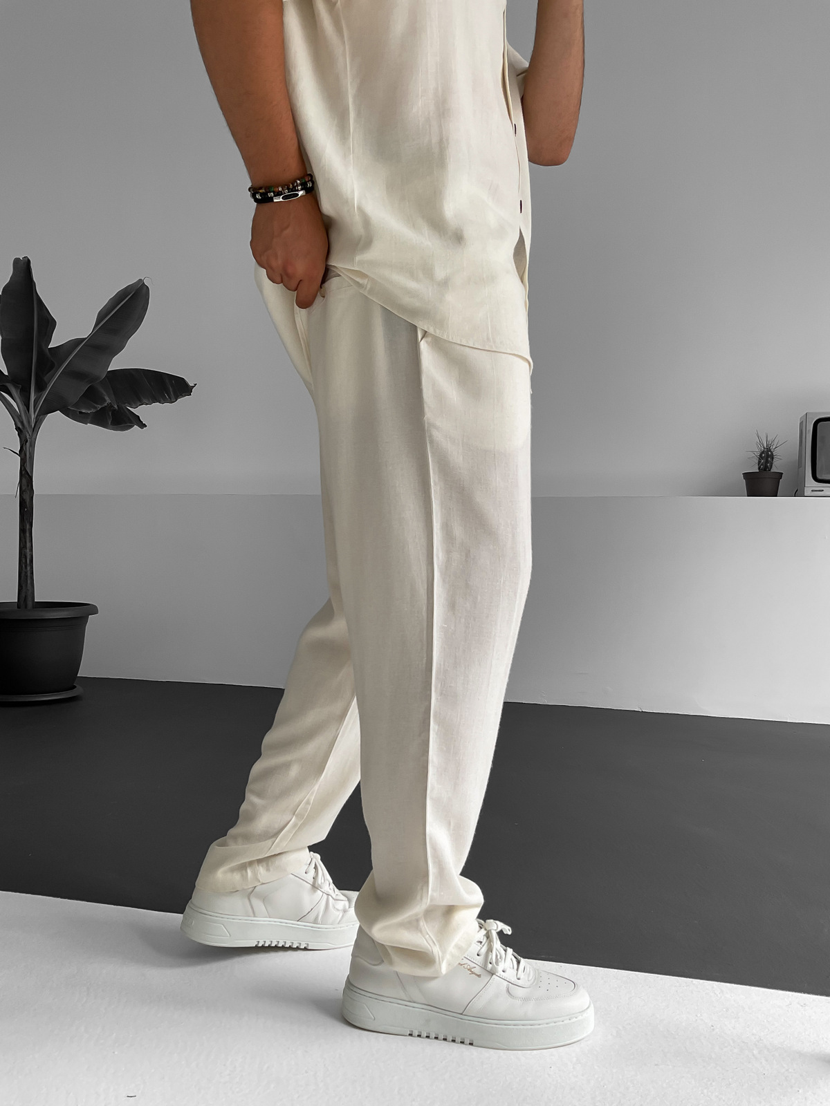 Ekru Boru Paça Keten Pantolon BY-1247