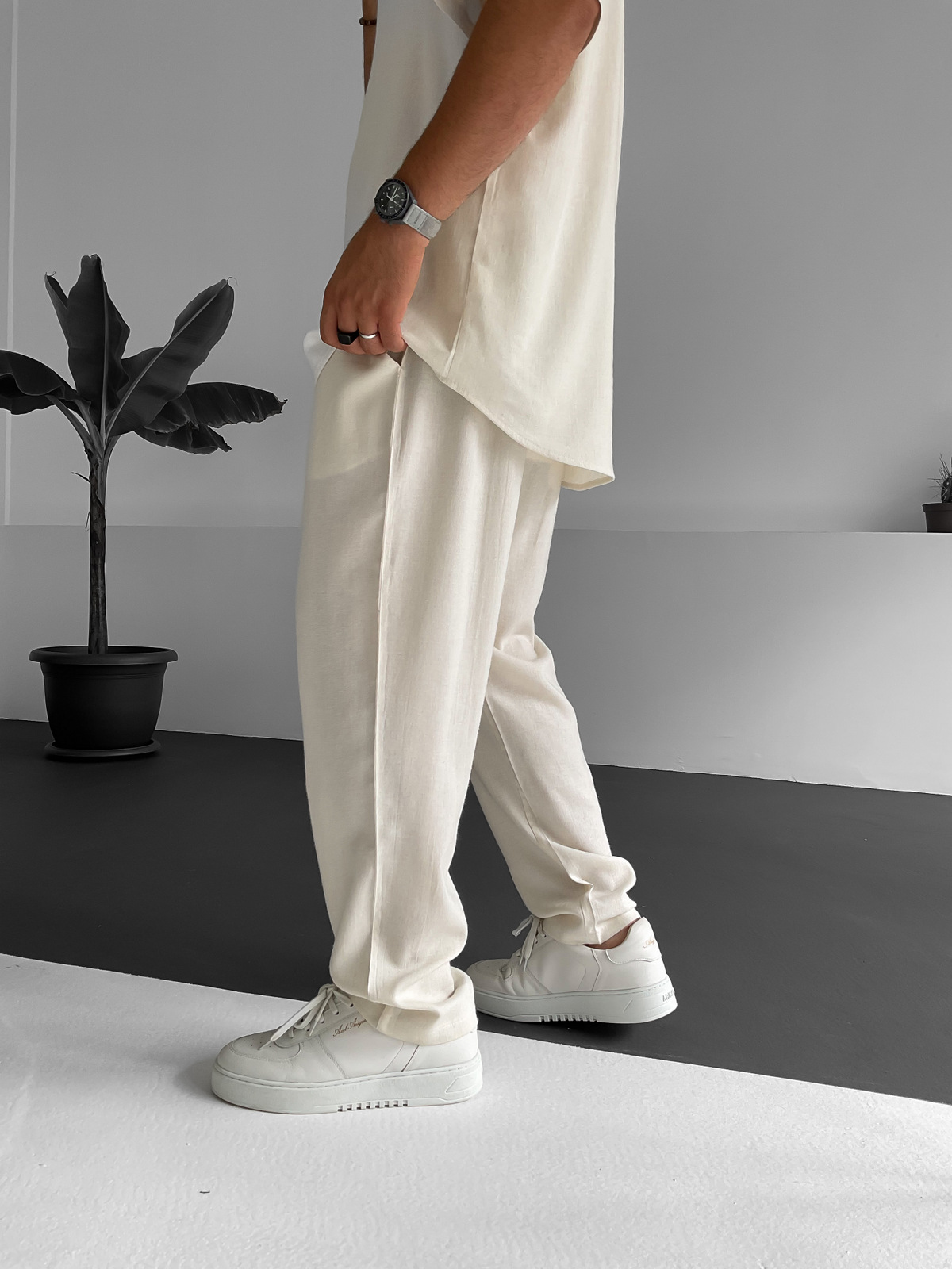 Ekru Boru Paça Keten Pantolon BY-1247