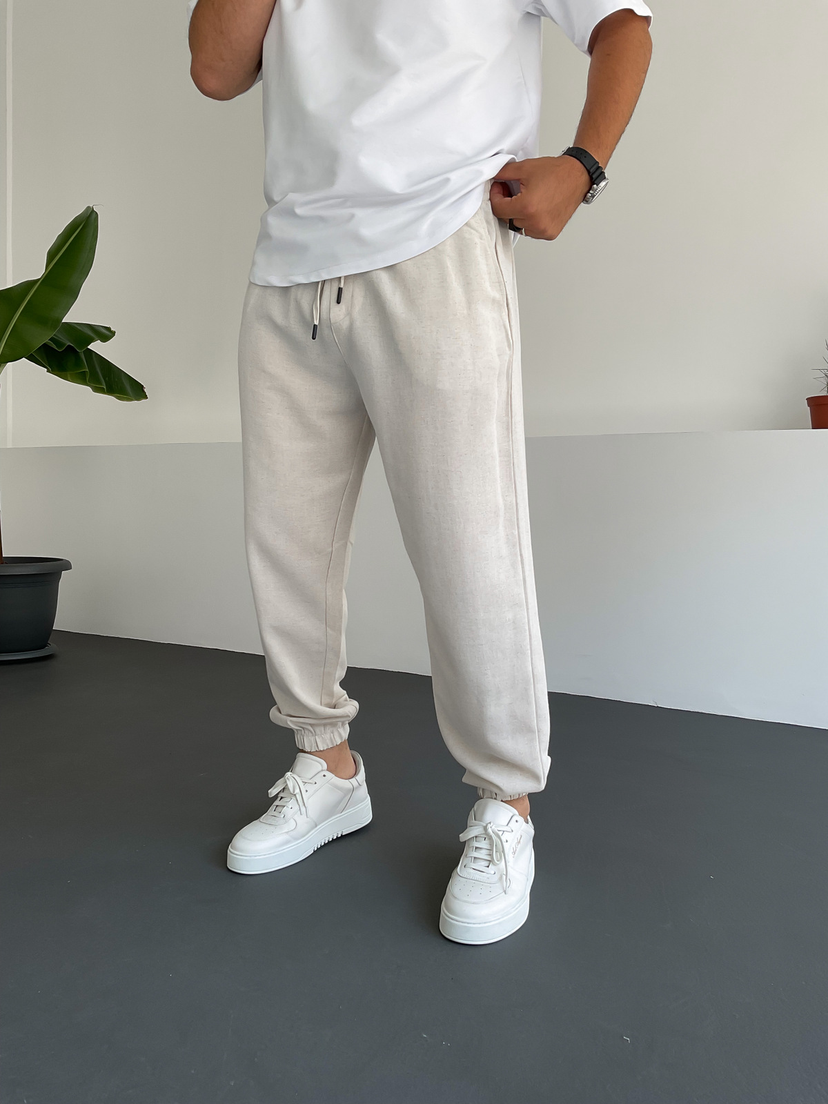 Ekru Paçası Lastikli Keten Pantolon V-22-236