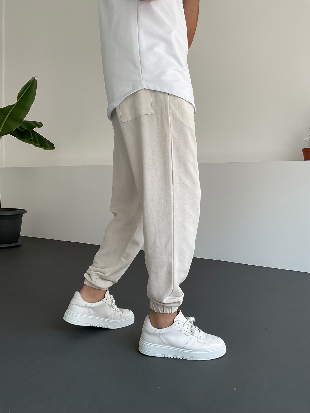 Ekru Paçası Lastikli Keten Pantolon V-22-236