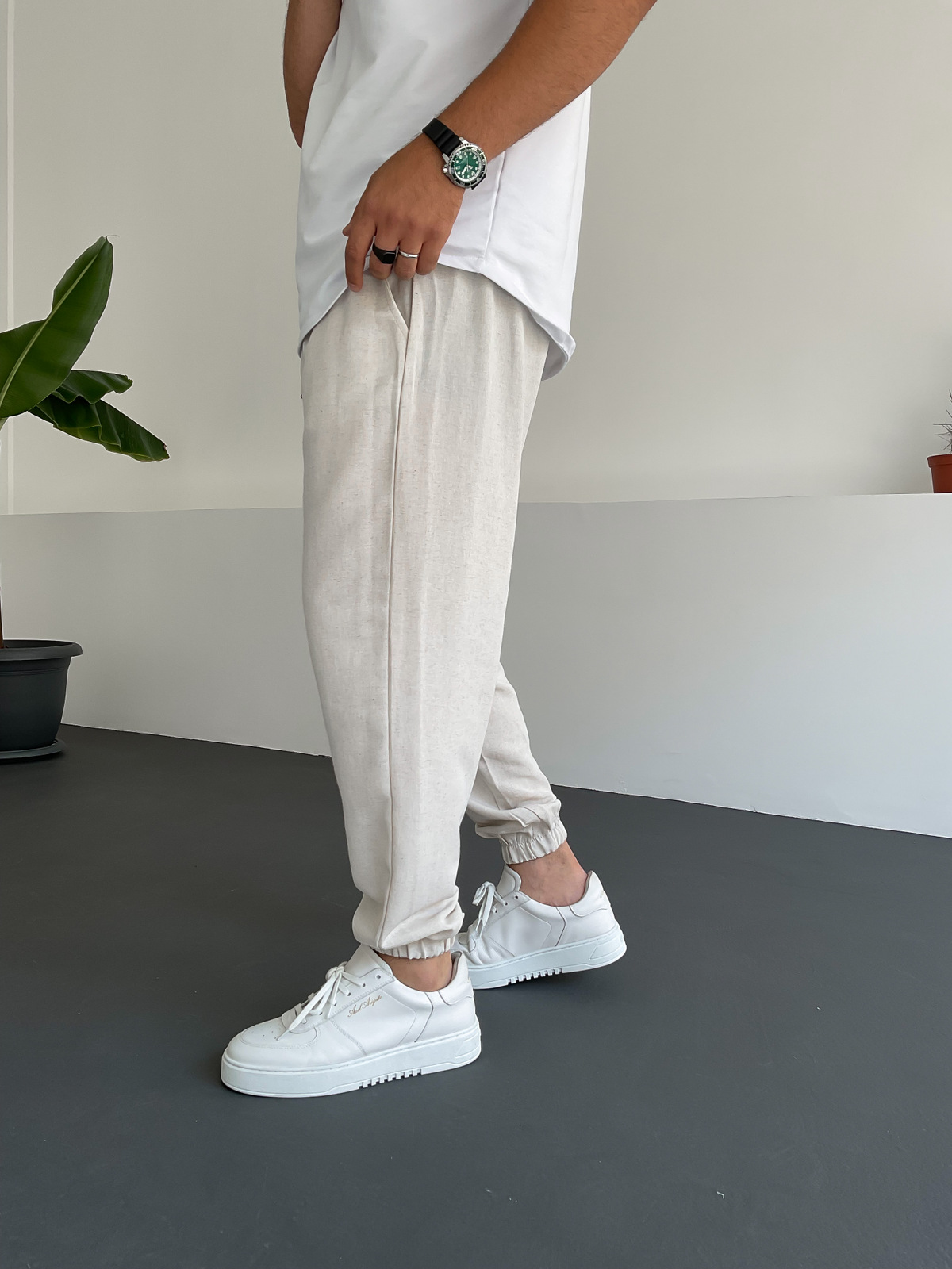 Ekru Paçası Lastikli Keten Pantolon V-22-236