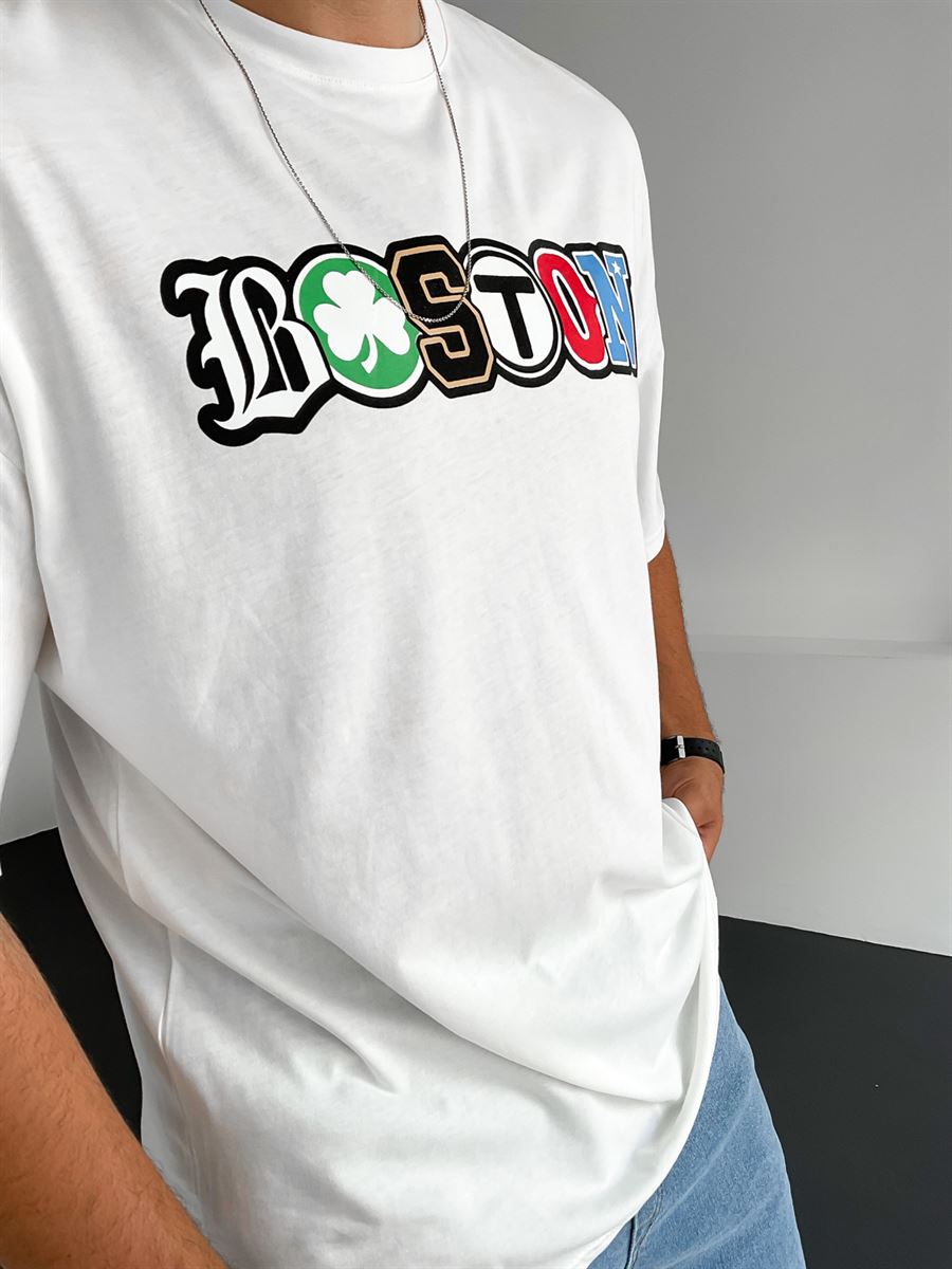 Beyaz Renkli Boston Baskılı T-Shirt V-22-473