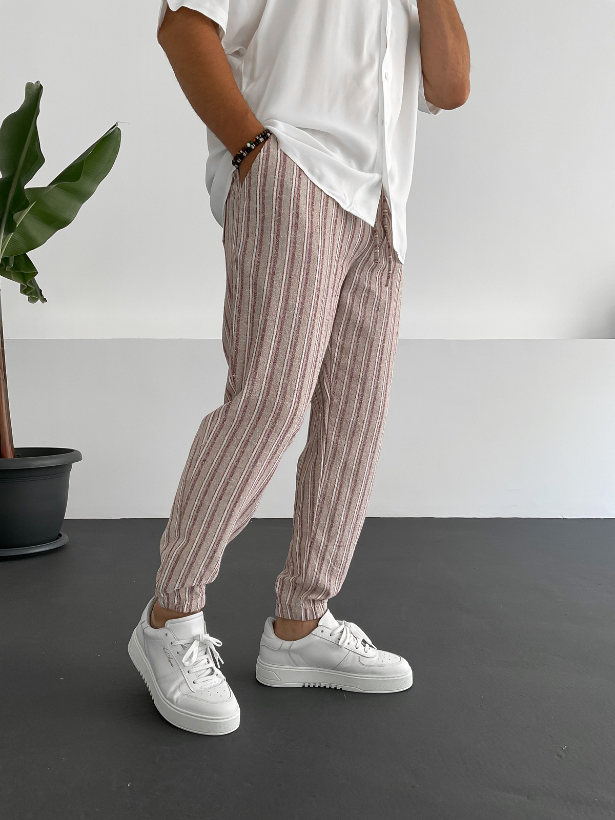 Kırmızı Paçası Lastikli Çizgili Keten Pantolon C-6100