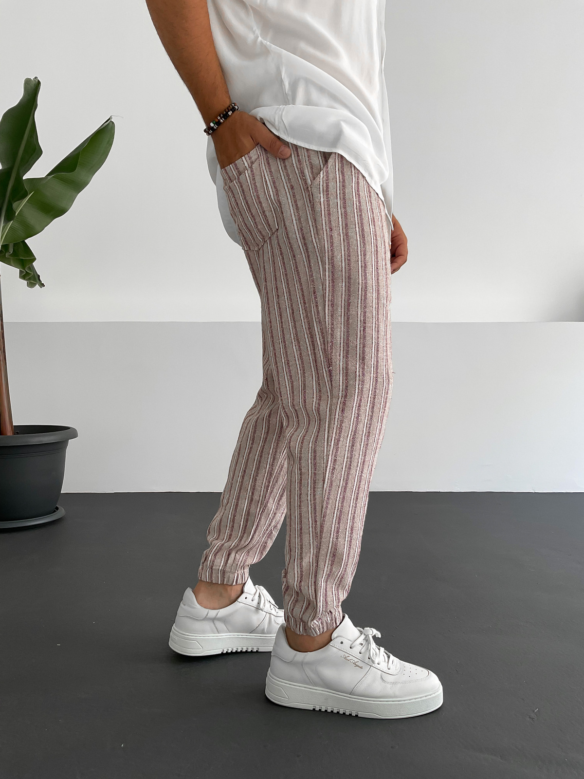 Kırmızı Paçası Lastikli Çizgili Keten Pantolon C-6100