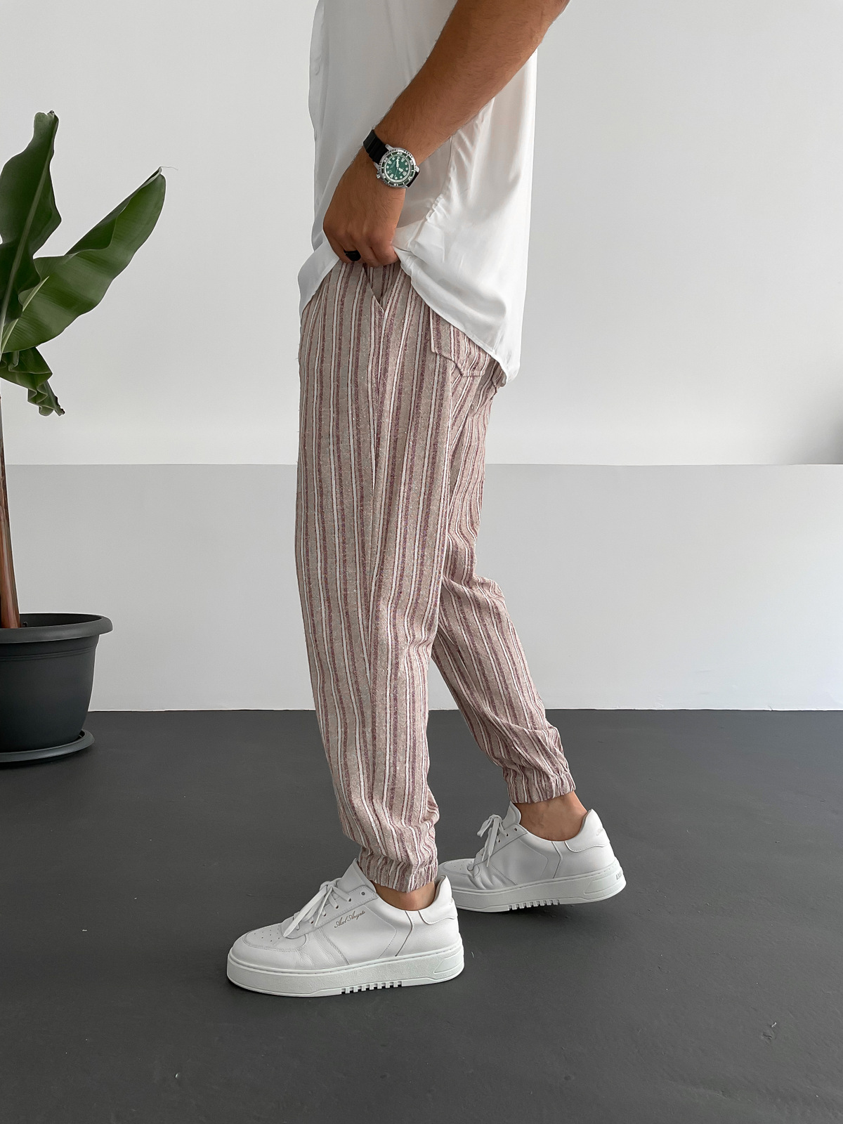 Kırmızı Paçası Lastikli Çizgili Keten Pantolon C-6100