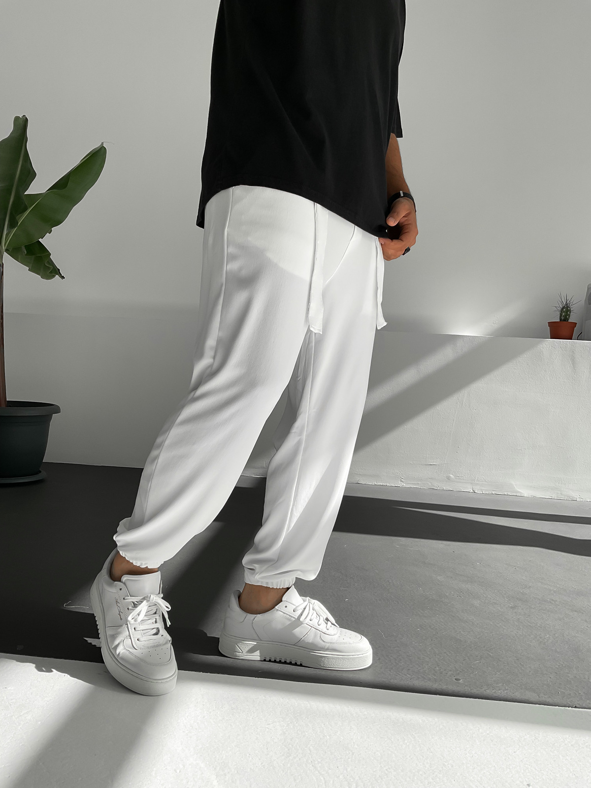 Beyaz Kuşaklı Dökümlü Pantolon C-6097-G1