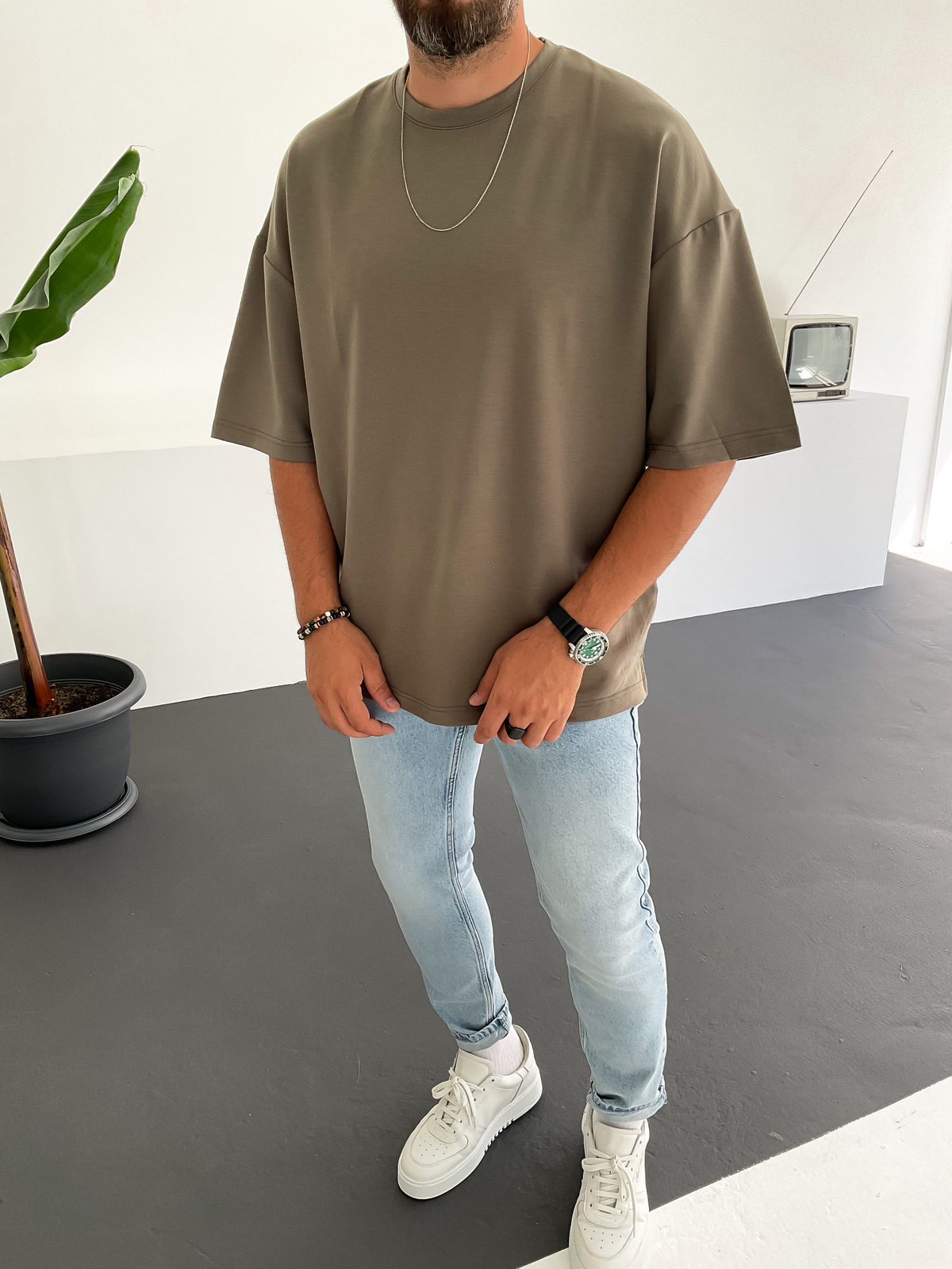 Haki İki İplik Basic T-Shirt C-1534