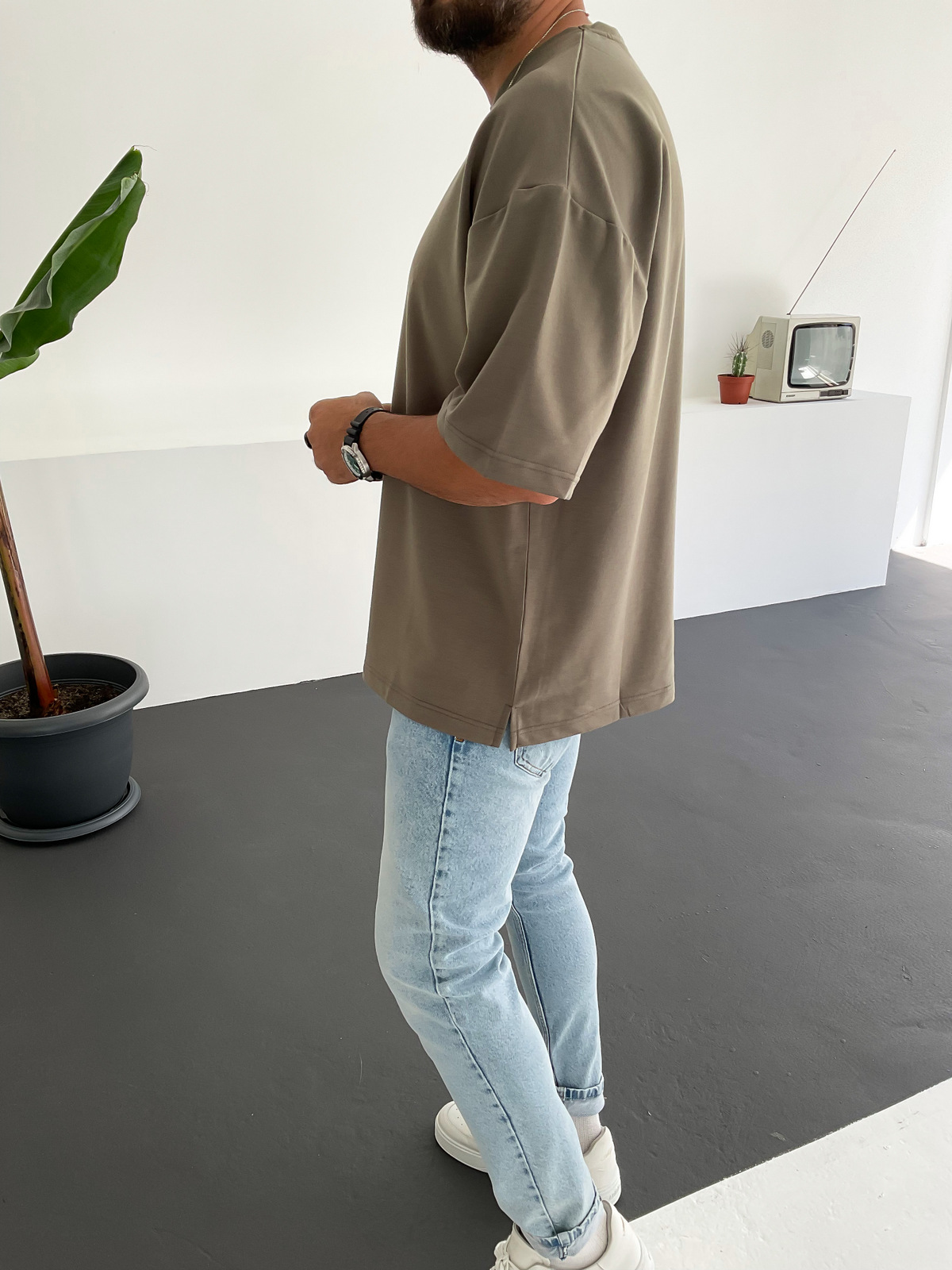 Haki İki İplik Basic T-Shirt C-1534