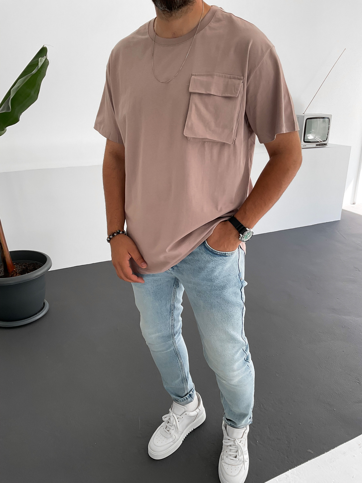 Gül Kurusu Önü Cepli Basic T-Shirt C-683