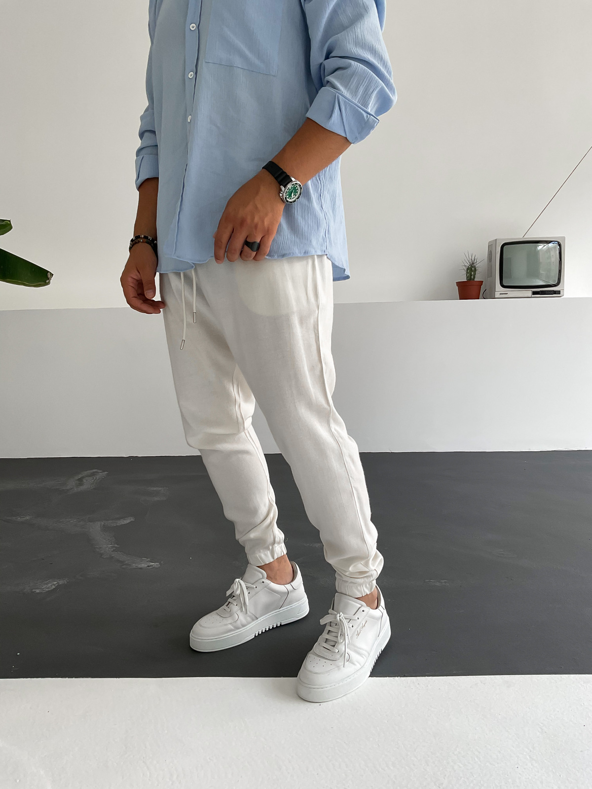 Ekru Paçası Lastikli Keten Pantolon BY-1252