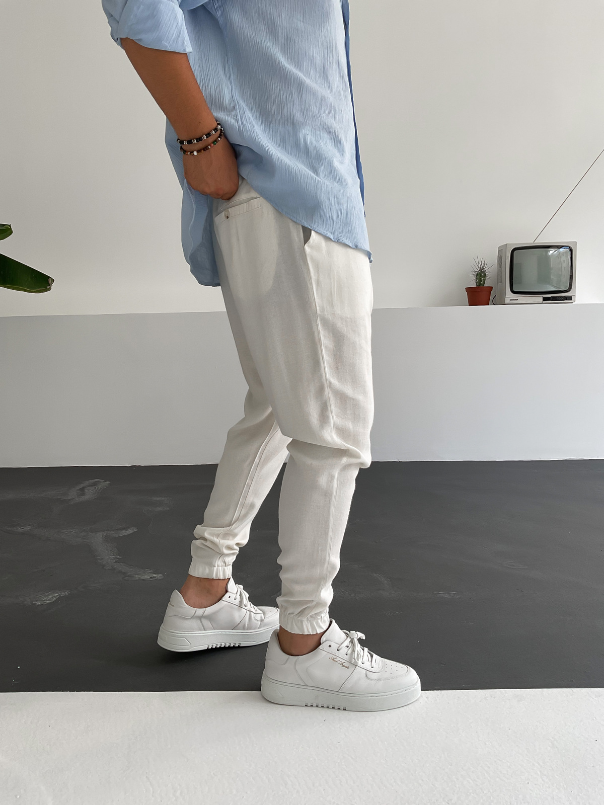 Ekru Paçası Lastikli Keten Pantolon BY-1252