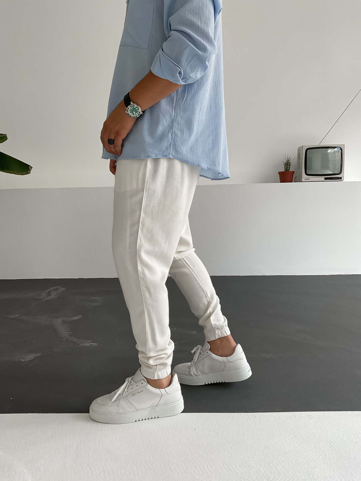 Ekru Paçası Lastikli Keten Pantolon BY-1252