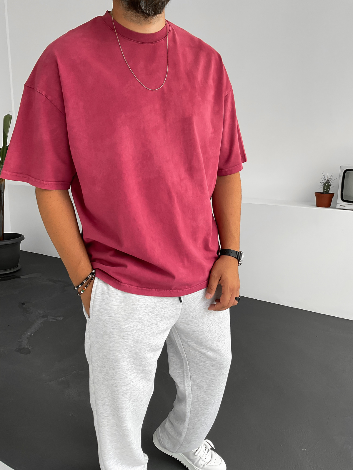 Bordo Yıkamalı Basic T-Shirt BY-1253