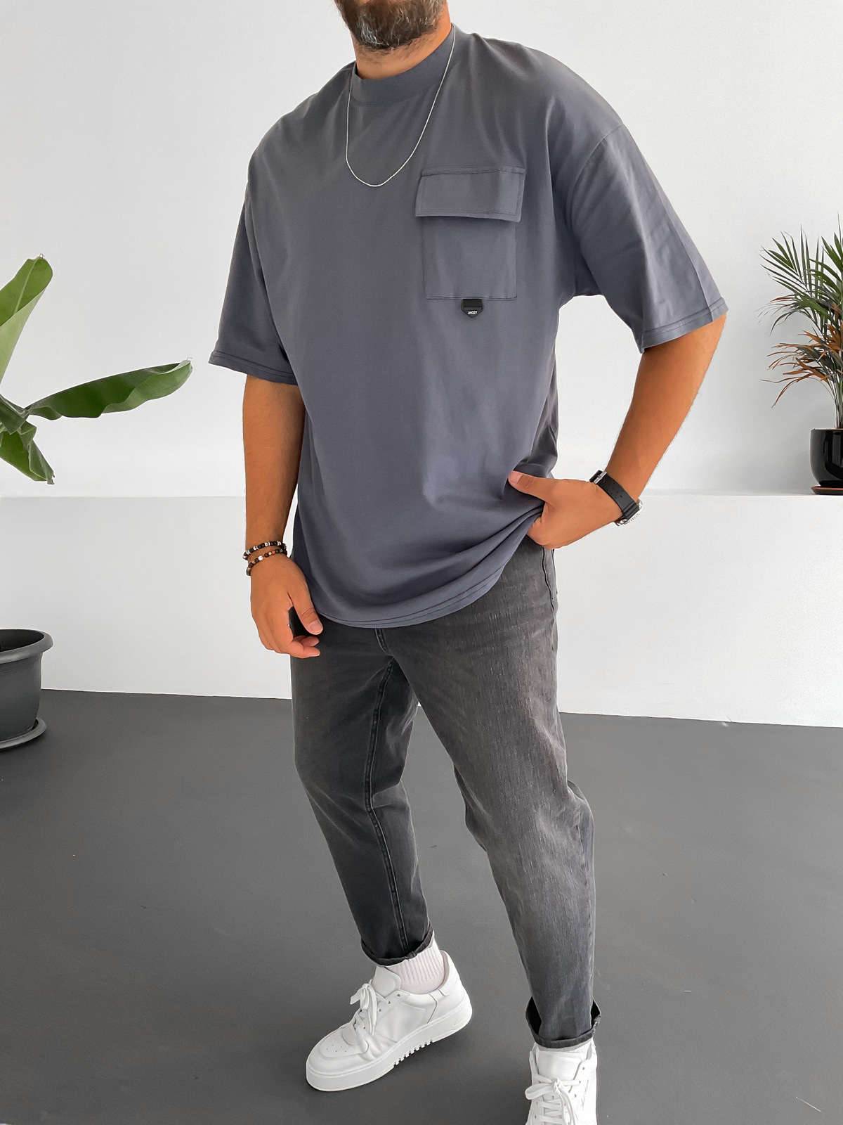 Füme Cep Detaylı Basic T-Shirt JJ-180