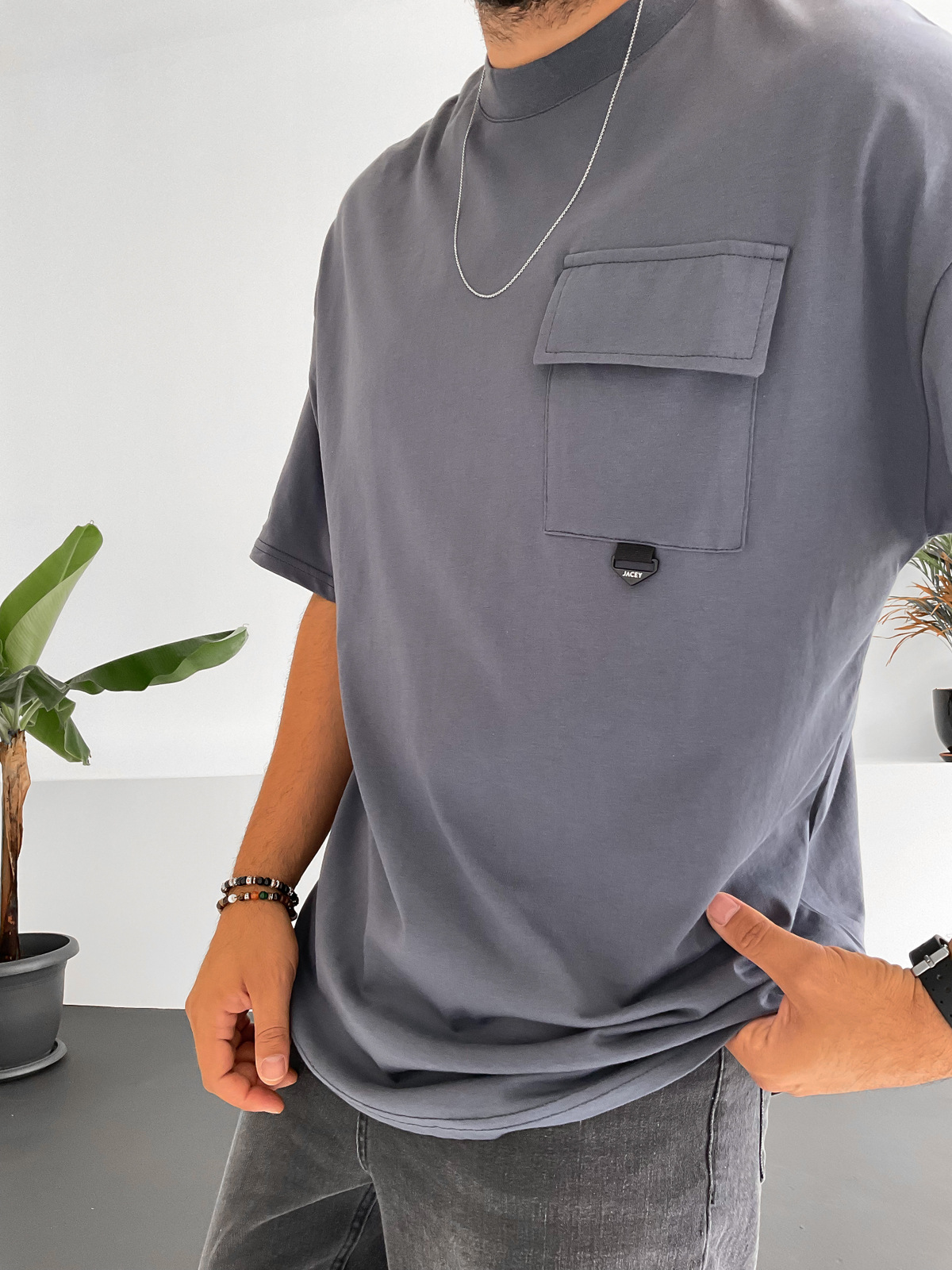 Füme Cep Detaylı Basic T-Shirt JJ-180