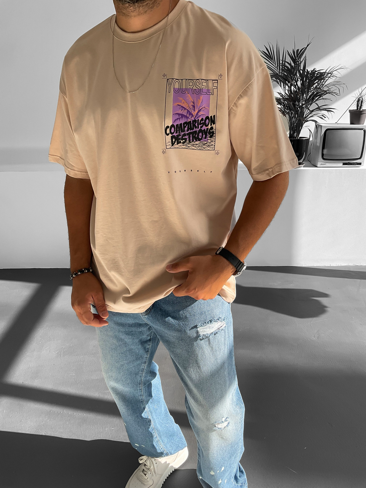 Bej Comprasion Baskılı T-Shirt JJ-216