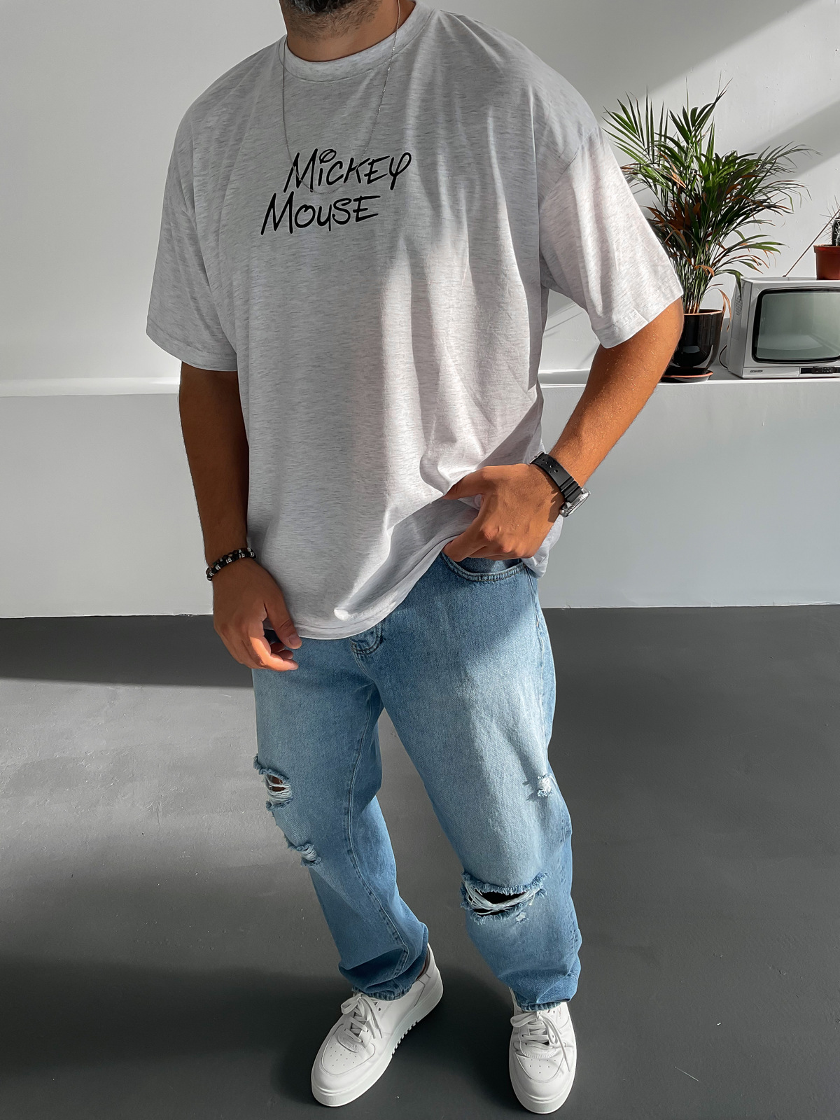 Gri Mickey Baskılı T-Shirt JJ-119