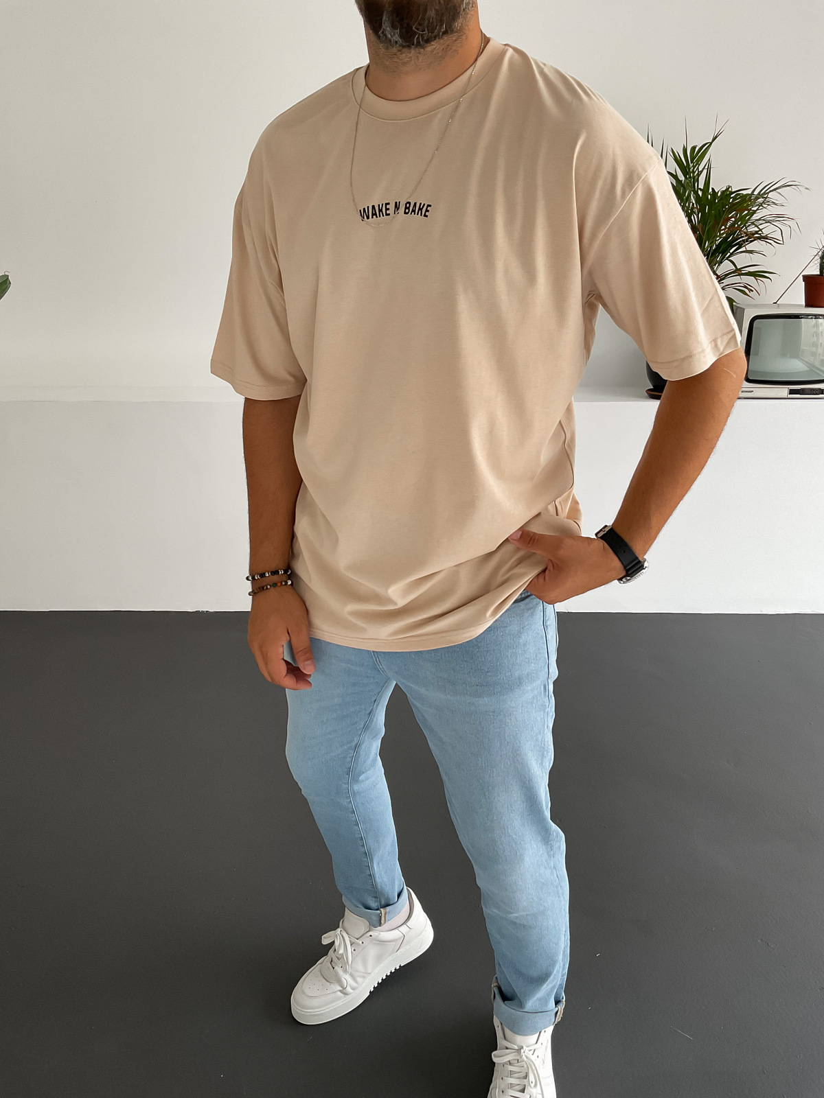 Krem Wake Baskılı T-Shirt JJ-168