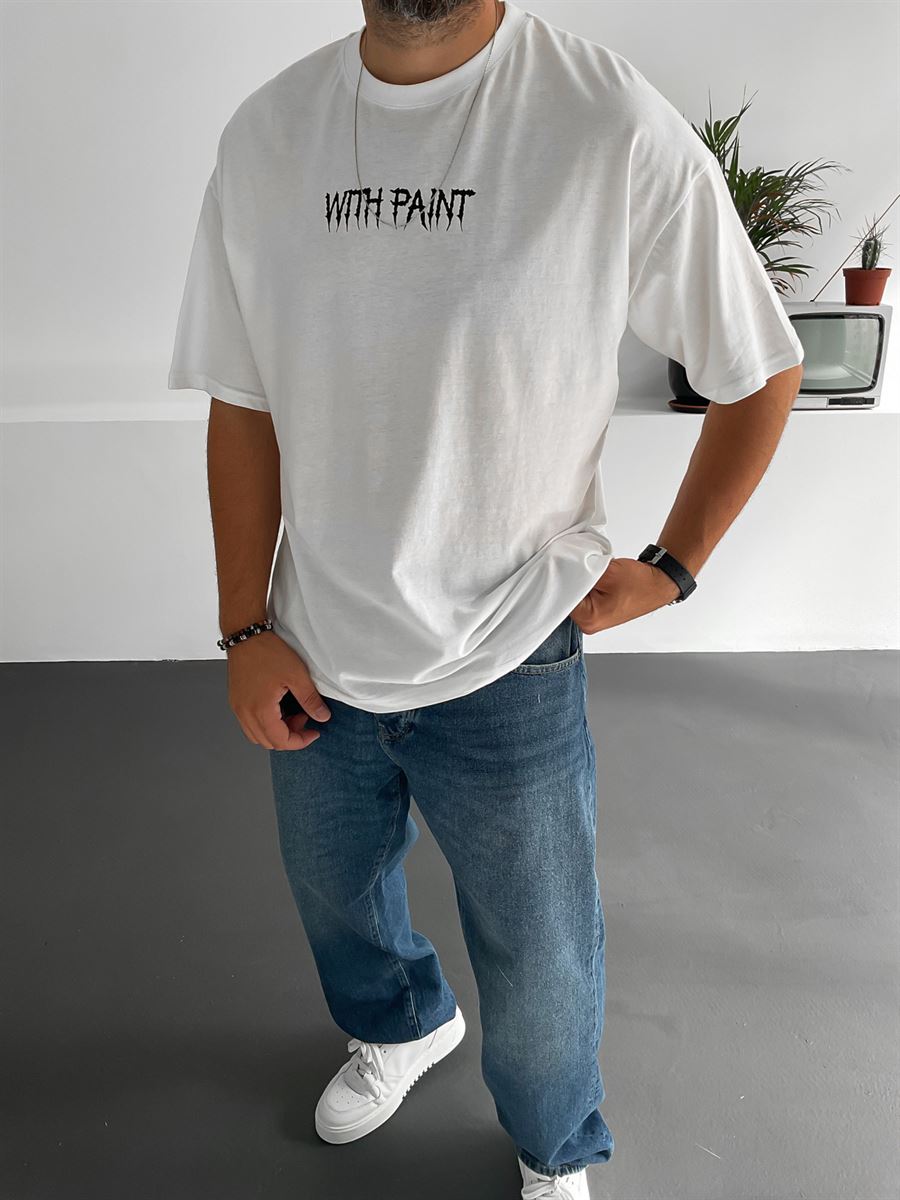 Beyaz With Paint Baskılı T-Shirt JJ-107