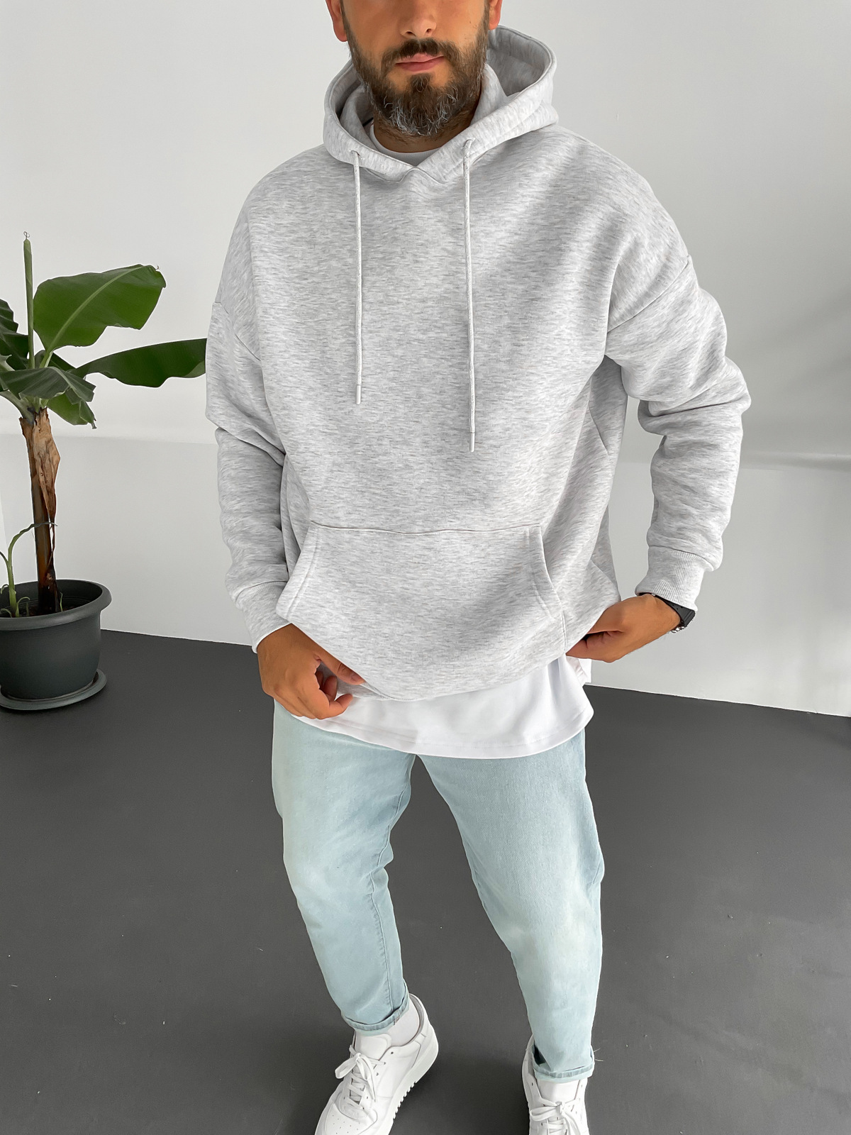 Açık Gri Basic Kapüşonlu Sweat B-2007