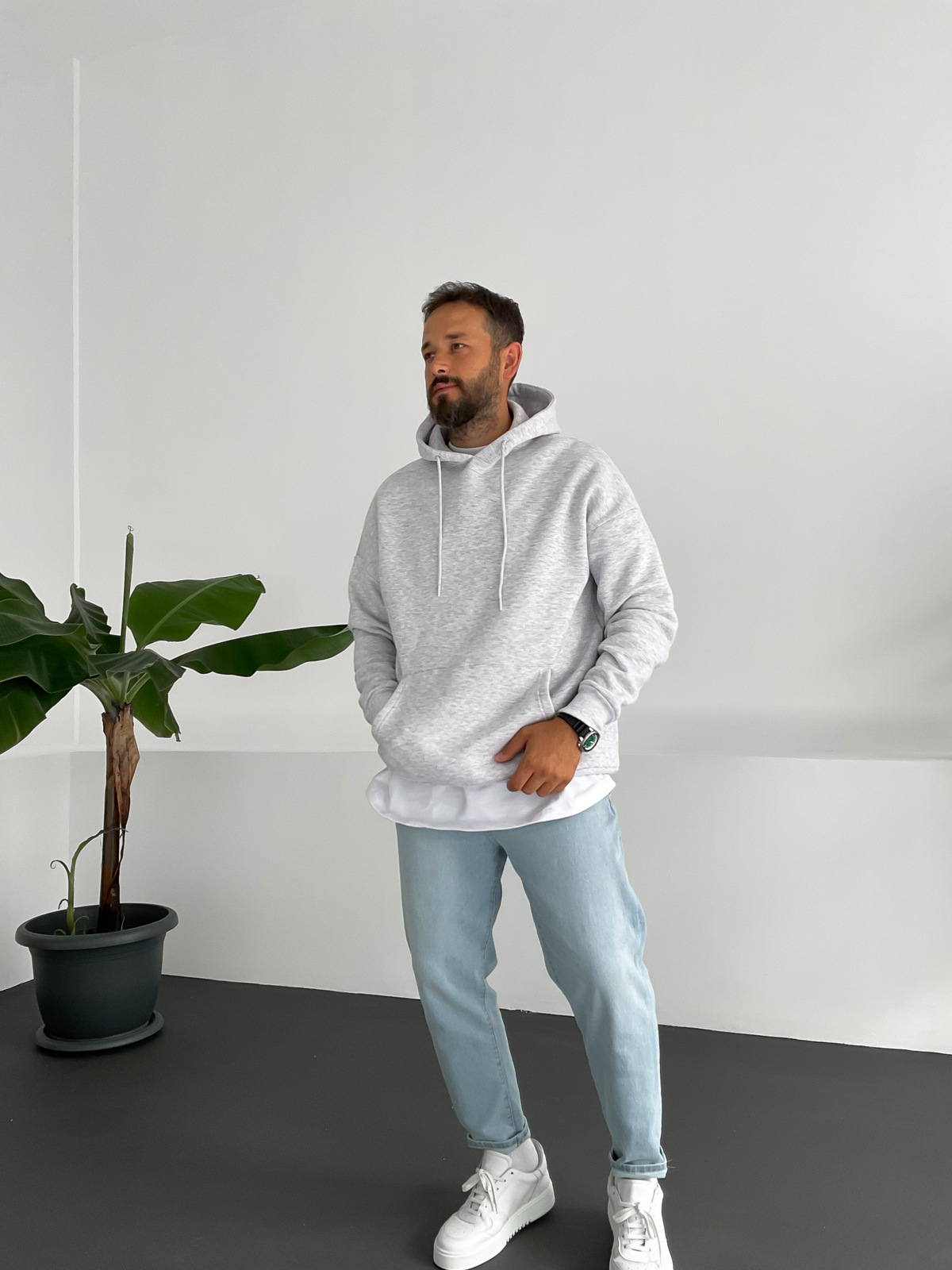 Açık Gri Basic Kapüşonlu Sweat B-2007