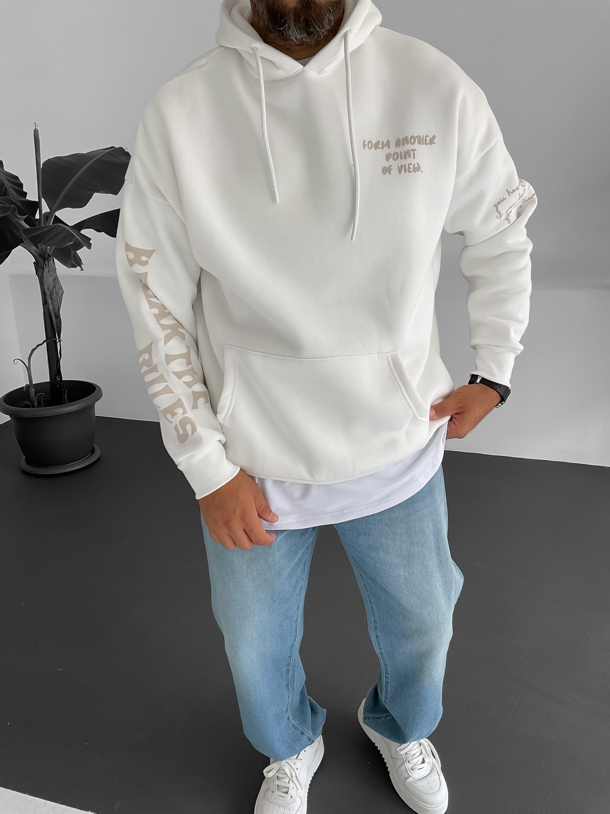 Beyaz View Kabartmalı Kapüşonlu Sweat B-2010
