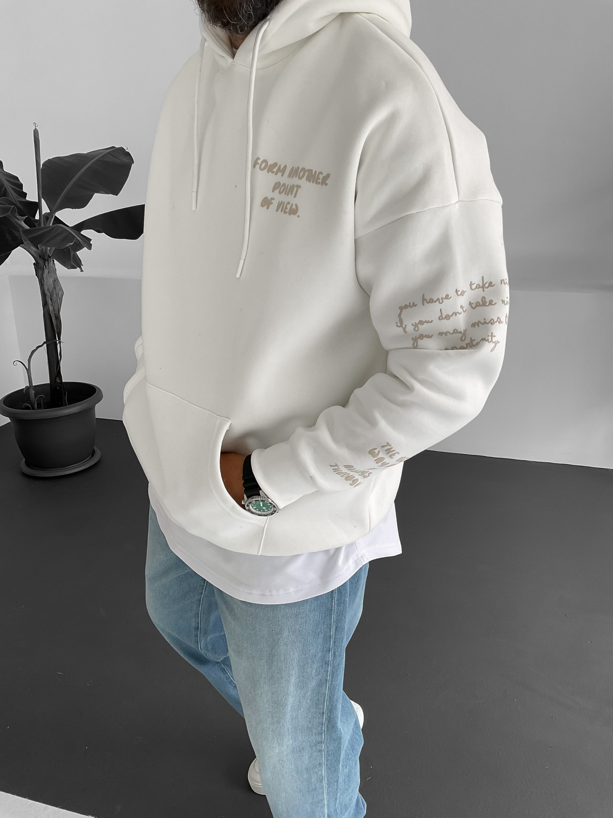 Beyaz View Kabartmalı Kapüşonlu Sweat B-2010