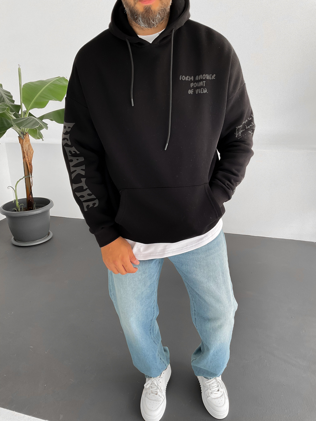 Siyah View Kabartmalı Kapüşonlu Sweat B-2010