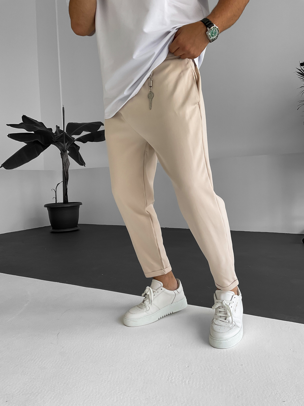 Bej Çapraz Ağ Kesim Pantolon DP-093