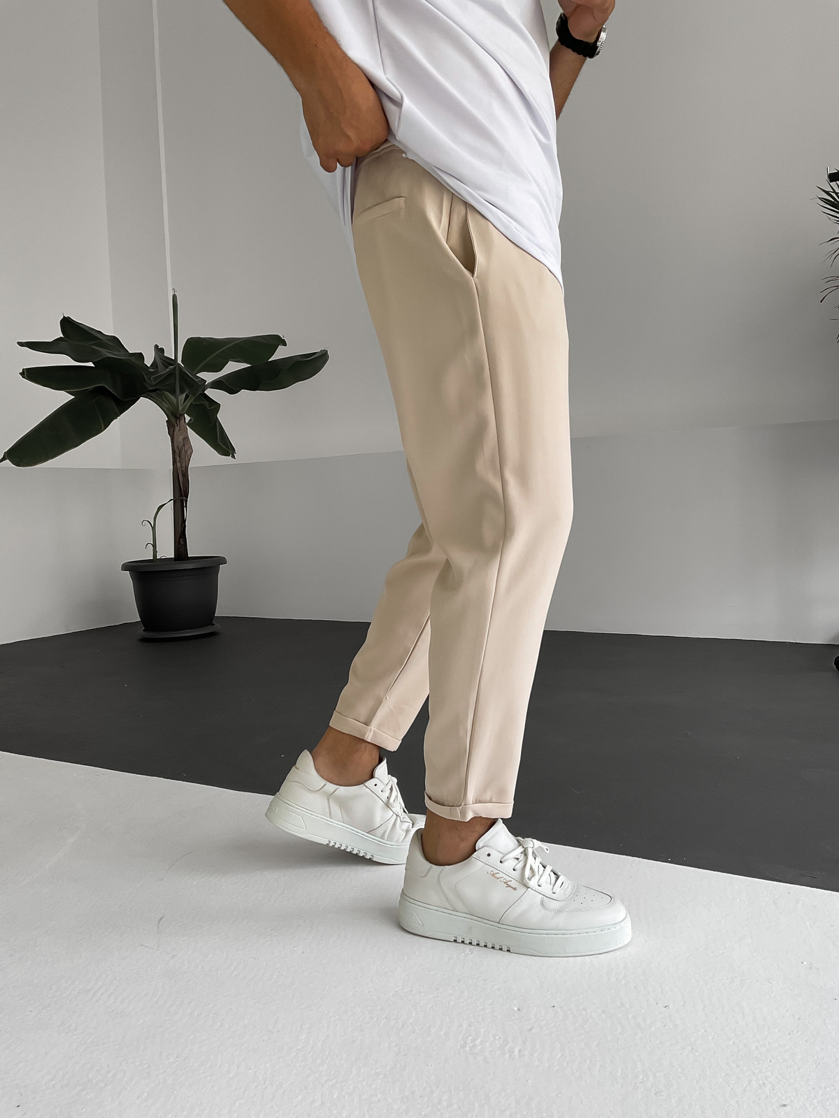 Bej Çapraz Ağ Kesim Pantolon DP-093