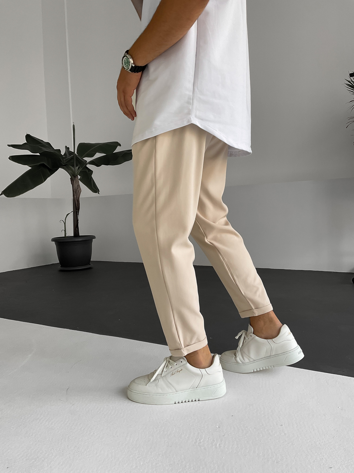 Bej Çapraz Ağ Kesim Pantolon DP-093