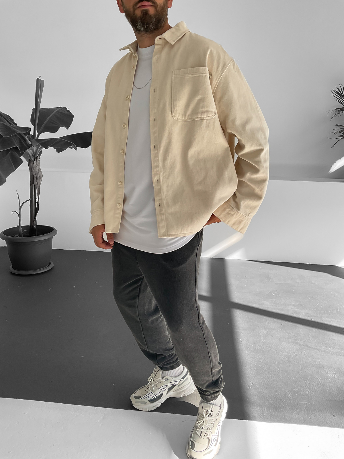 Bej Cepli Gabardin Gömlek V-10015