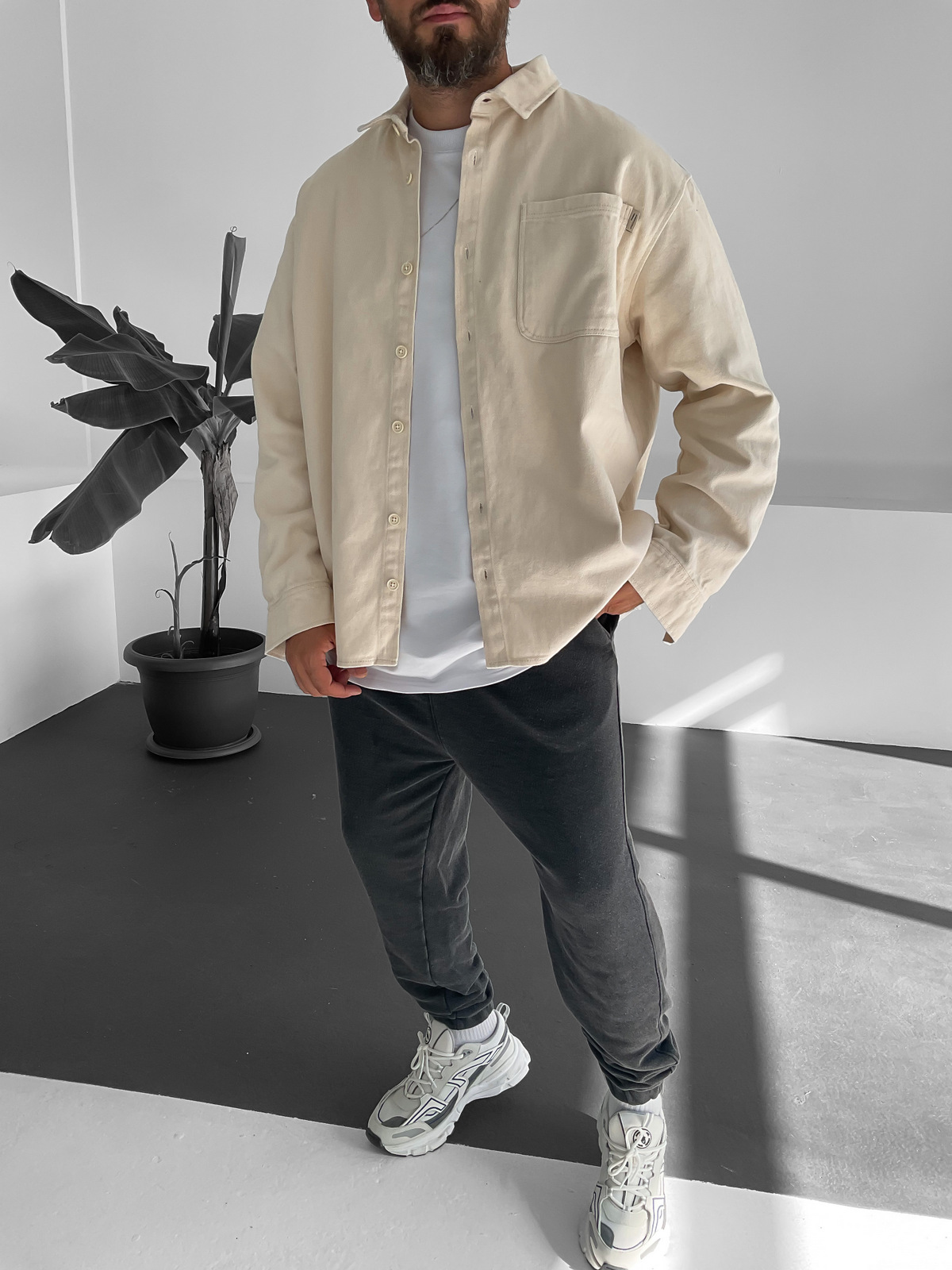 Bej Cepli Gabardin Gömlek V-10015