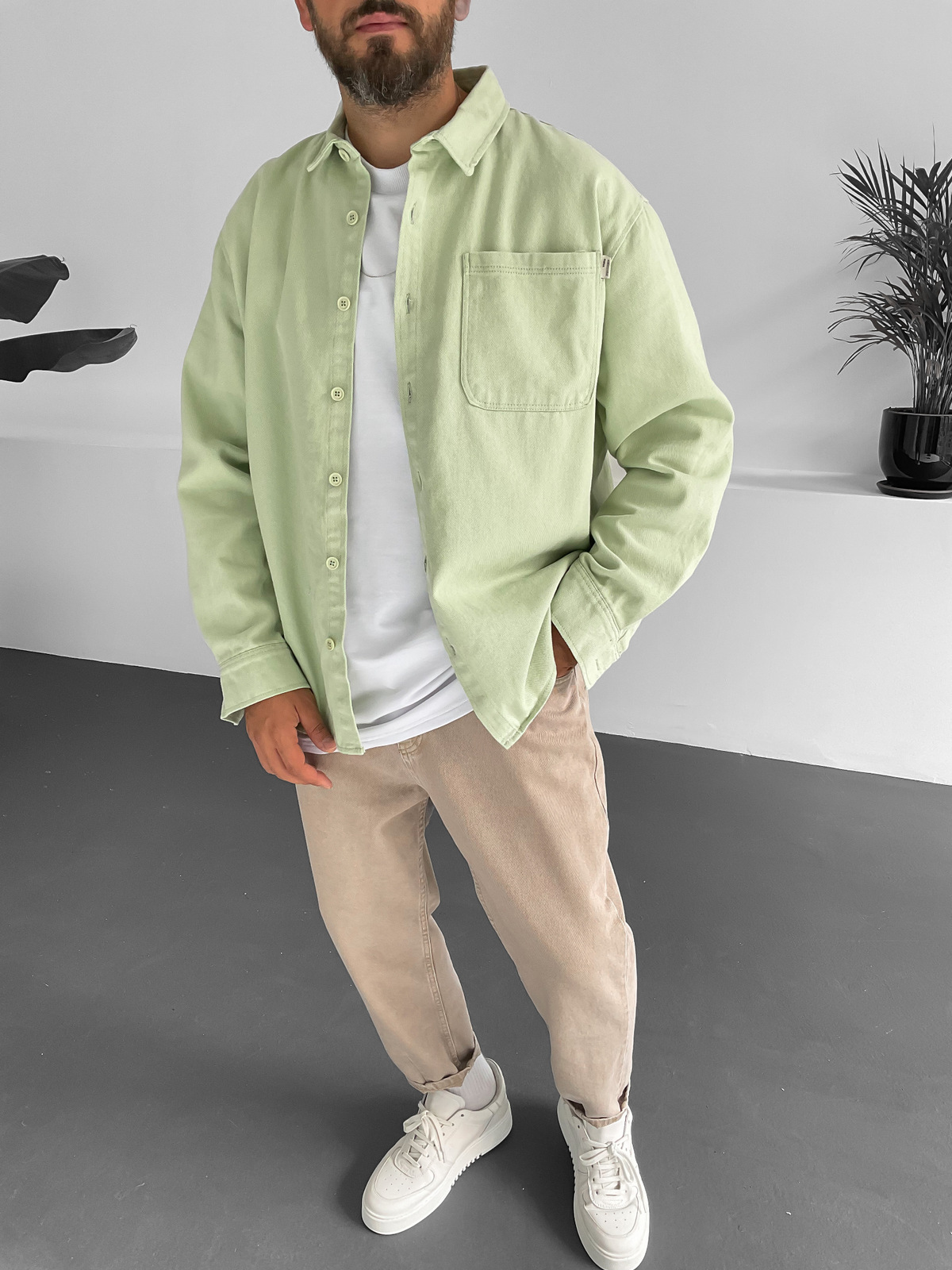 Yeşil Cepli Gabardin Gömlek V-10015