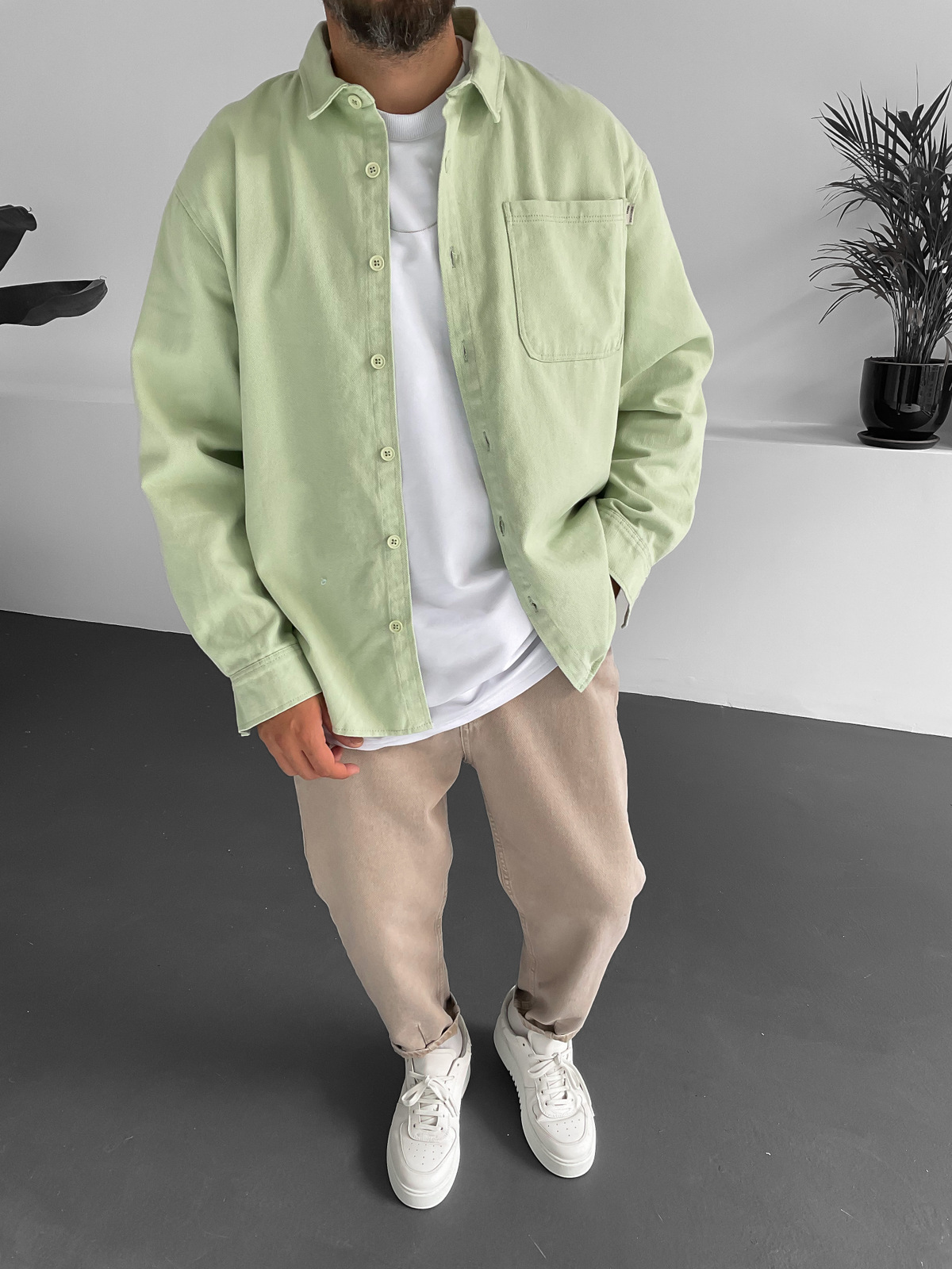Yeşil Cepli Gabardin Gömlek V-10015