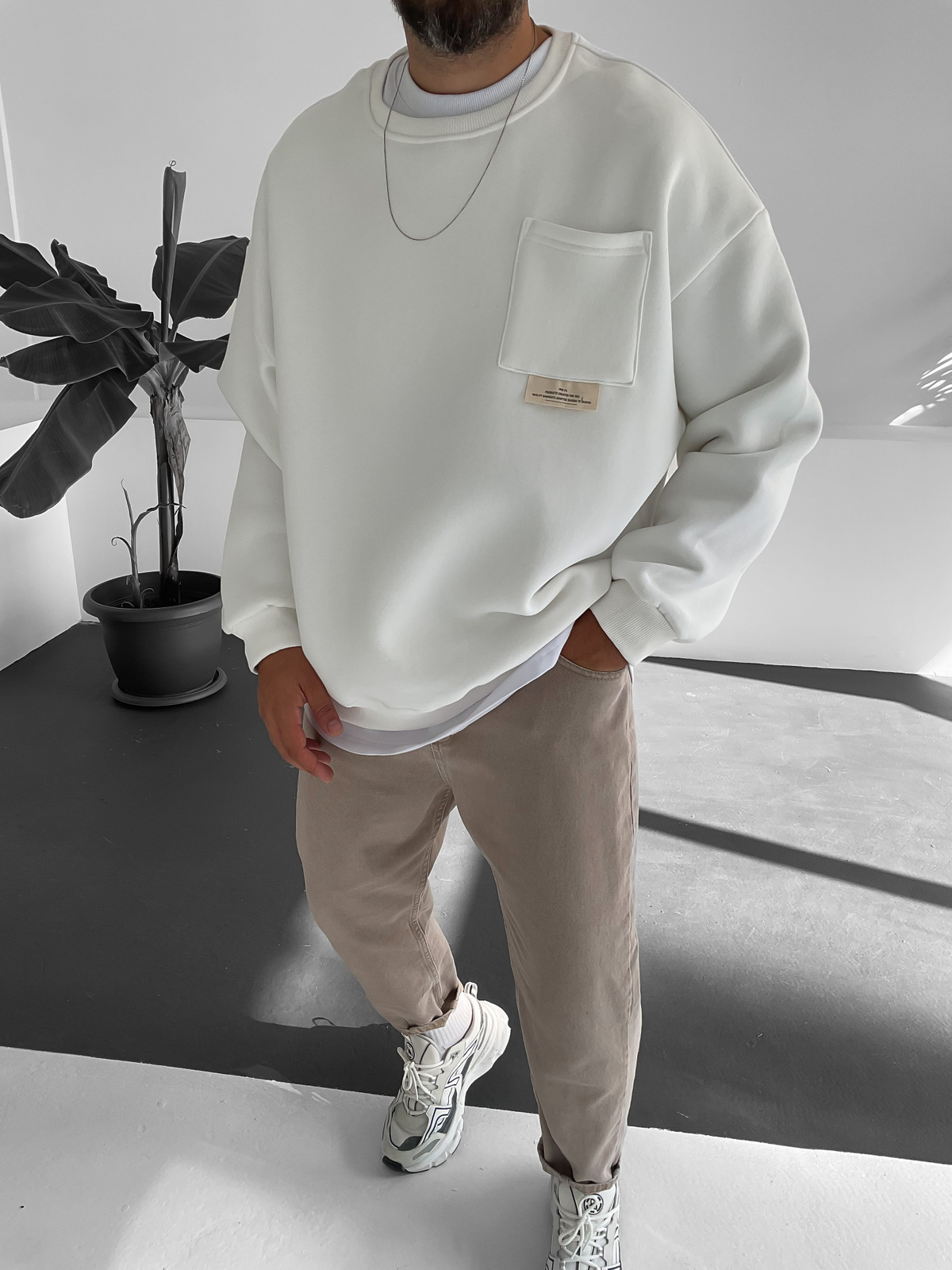 Beyaz Cepli Basic Sweat V-10097