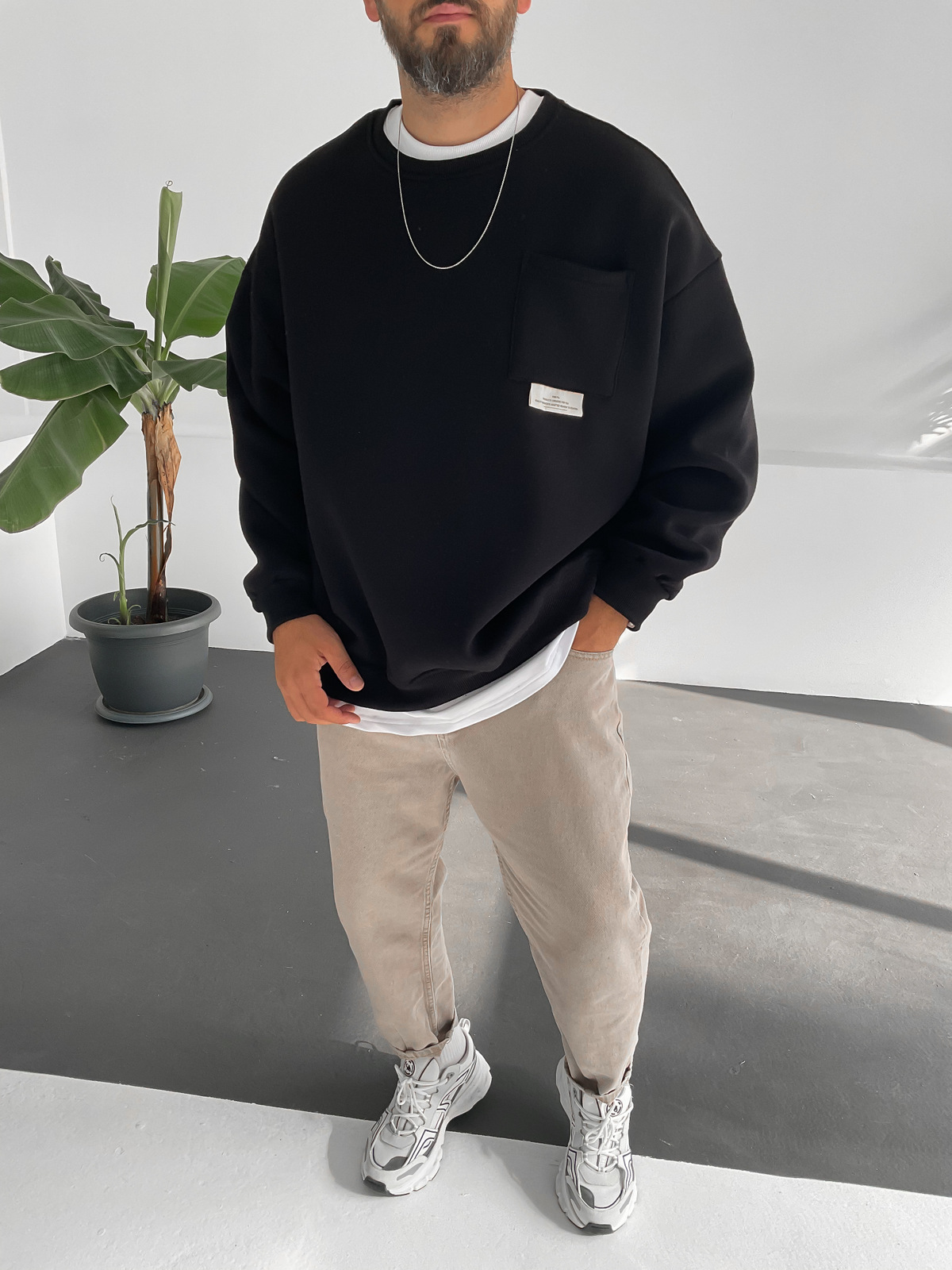 Siyah Cepli Basic Sweat V-10097