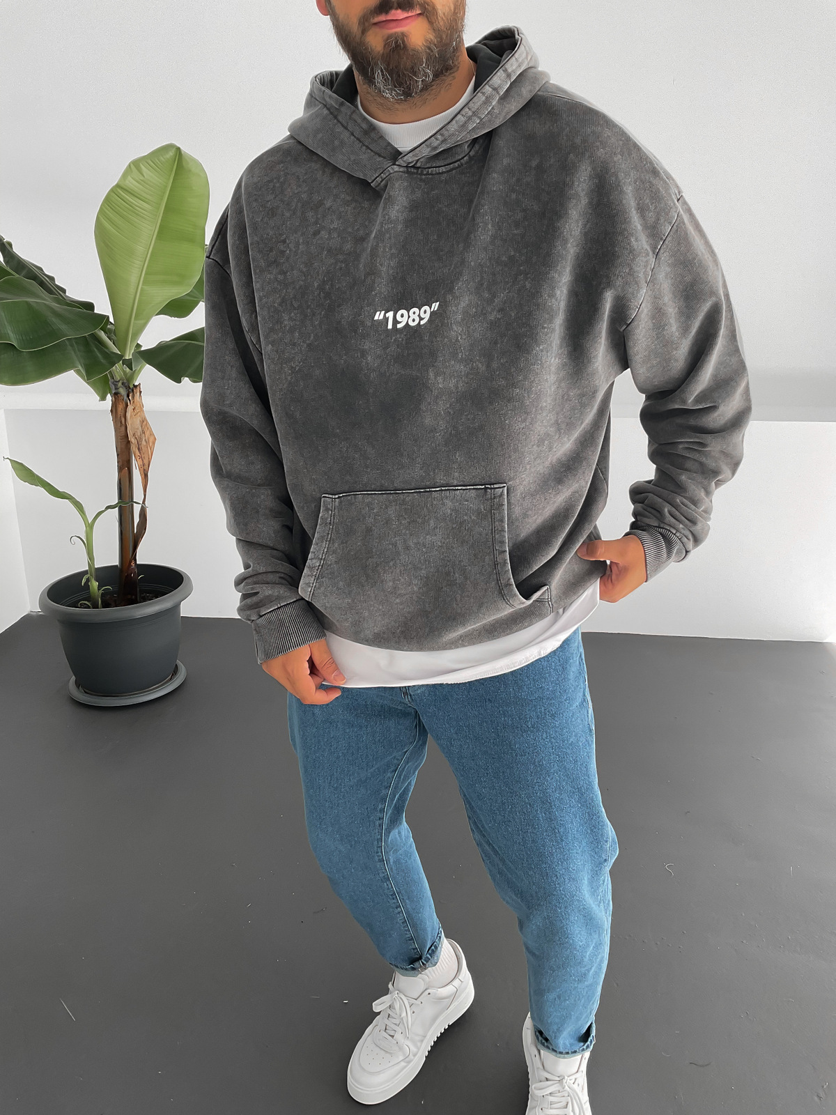 Antrasit Yıkamalı 1989 Kapüşonlu Sweat PM-