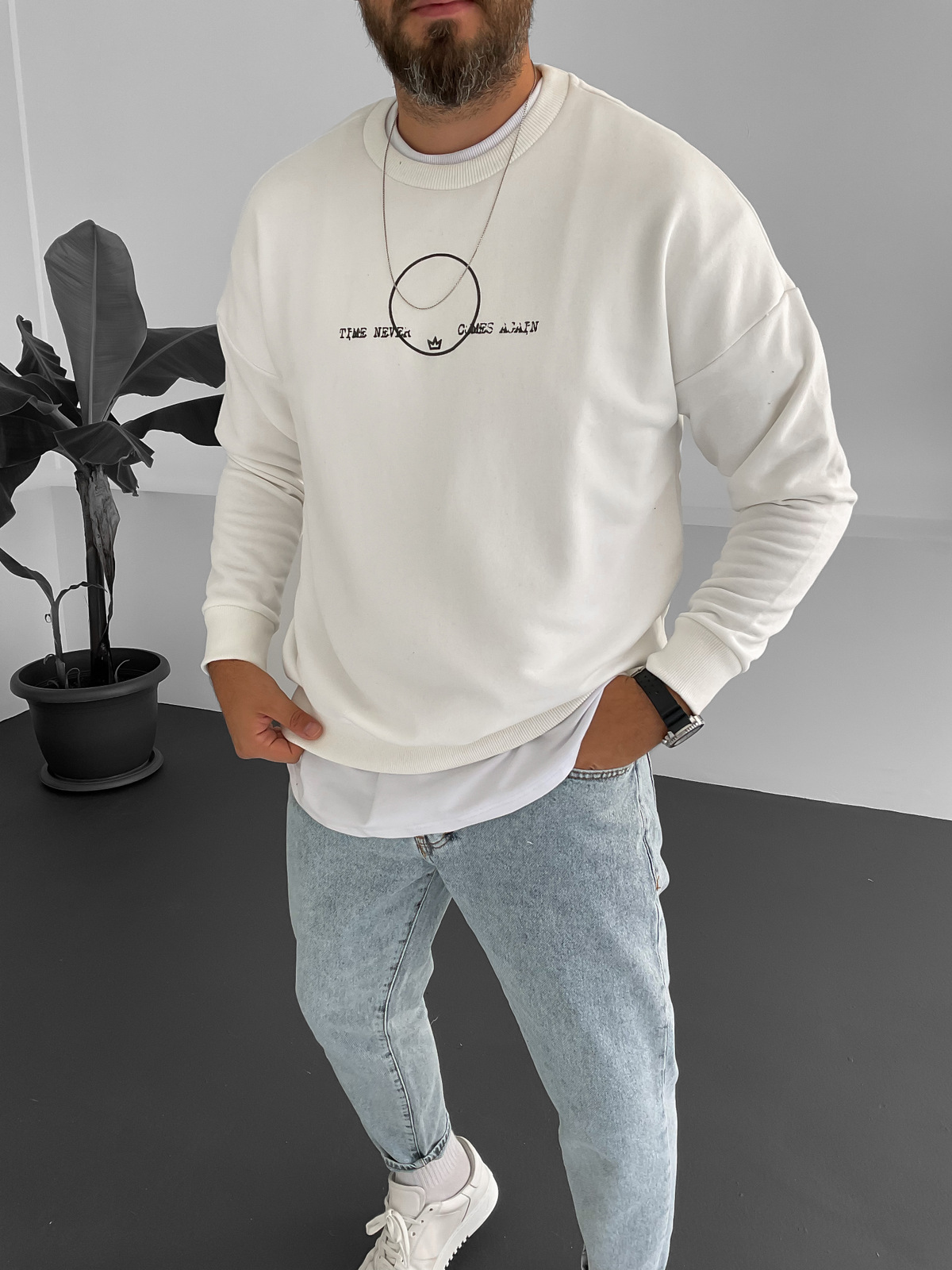 Beyaz Daire Baskılı Sweat B1-4004