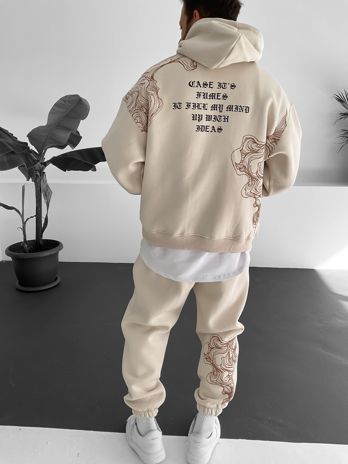 Bej Wave Baskılı Kapüşonlu Sweat V-10009