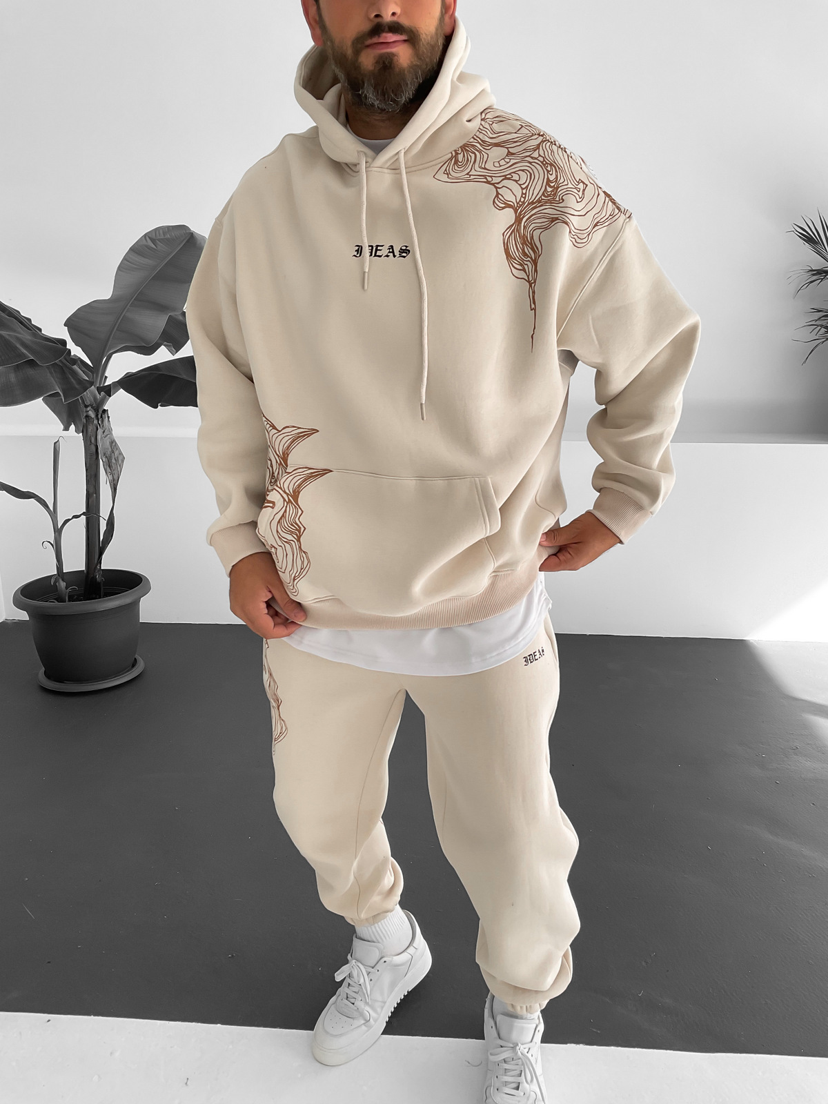 Bej Wave Baskılı Kapüşonlu Sweat V-10009