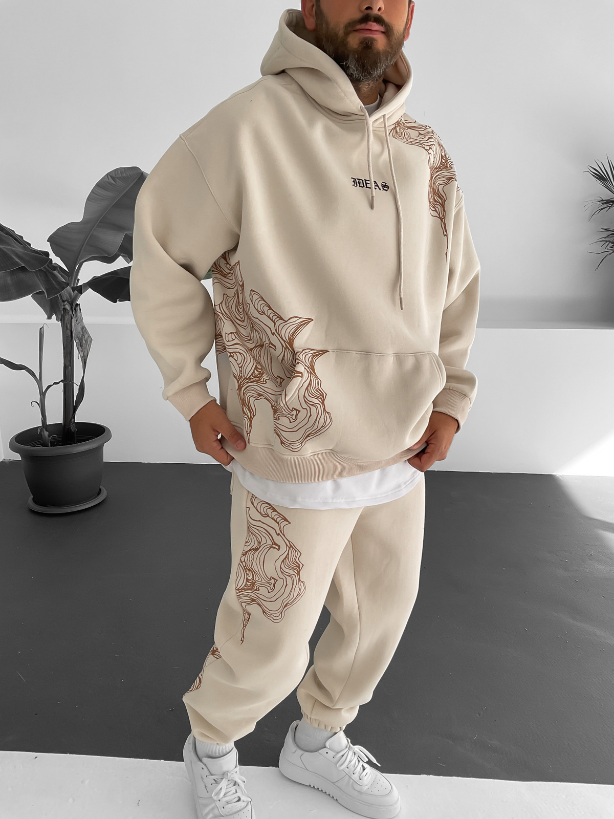 Bej Wave Baskılı Kapüşonlu Sweat V-10009