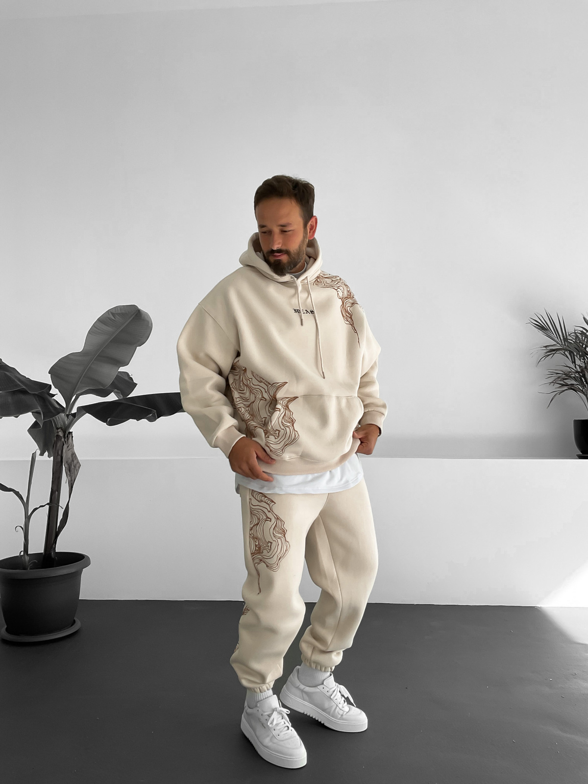 Bej Wave Baskılı Kapüşonlu Sweat V-10009