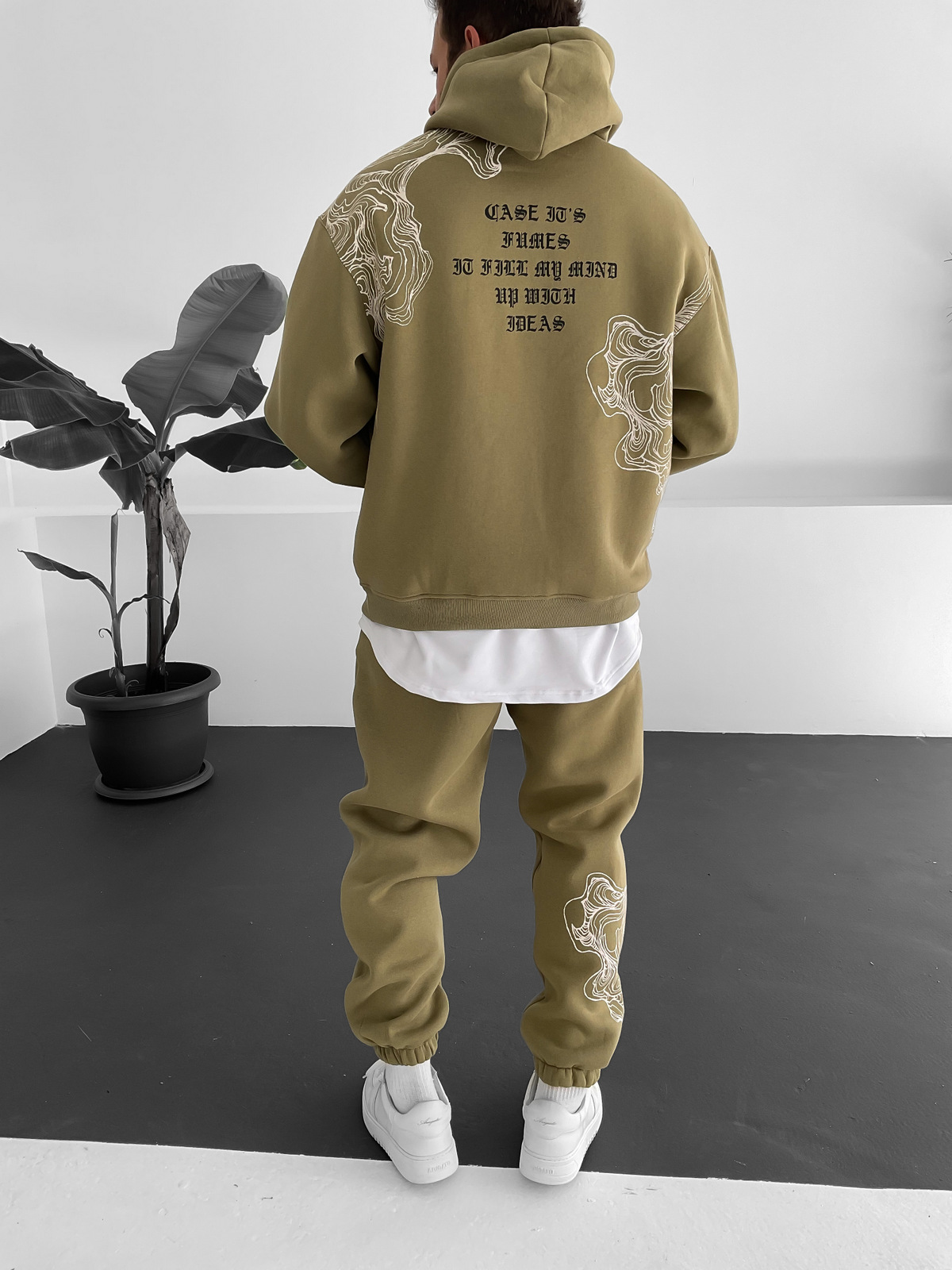Haki Wave Baskılı Kapüşonlu Sweat V-10009