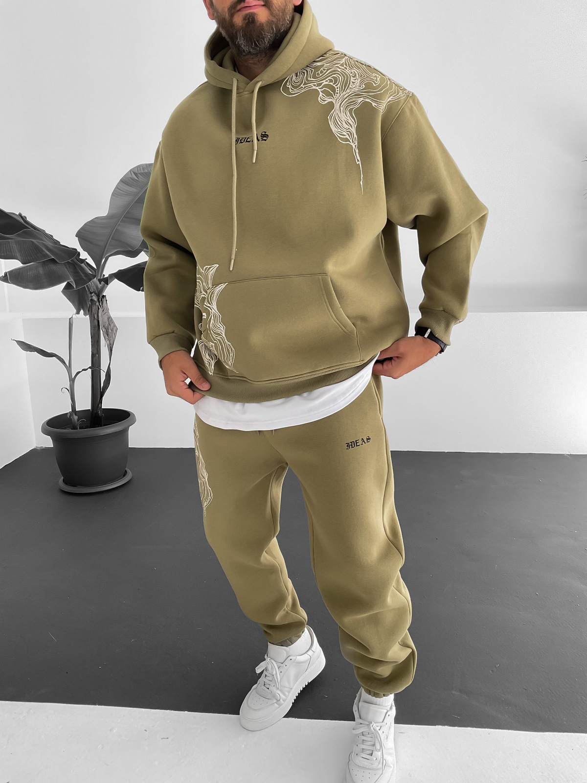 Haki Wave Baskılı Kapüşonlu Sweat V-10009